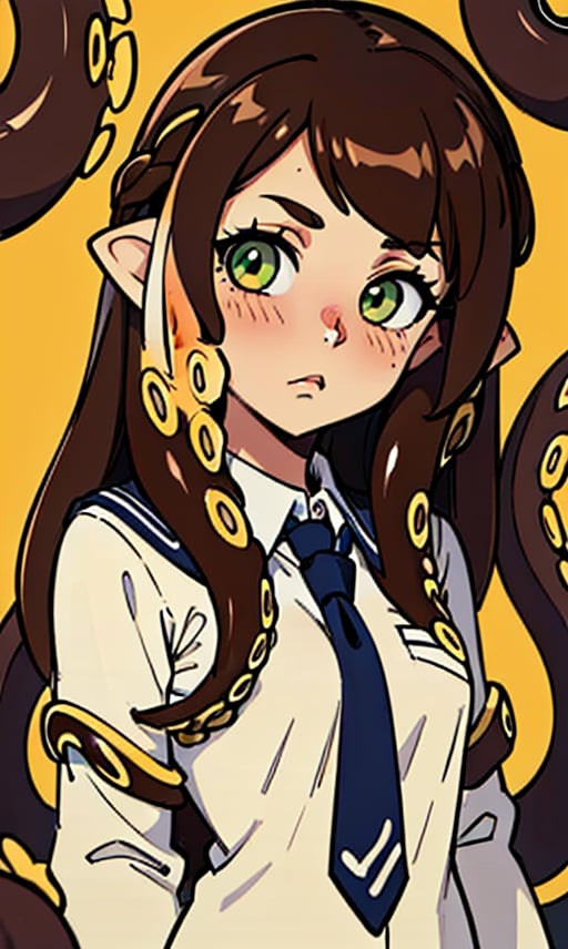 1girl, long hair, blush, simple background, brown hair, shirt, long sleeves,school uniform, green eyes, white shirt, green hair, necktie, serafuku, collared shirt, sailor collar, looking at another,  cardigan, monster girl, yellow background, black necktie, tentacles, (brown tentacle, brown tentacle hair, brown tentacles:1.7), (hair tips tentacles:1.3)