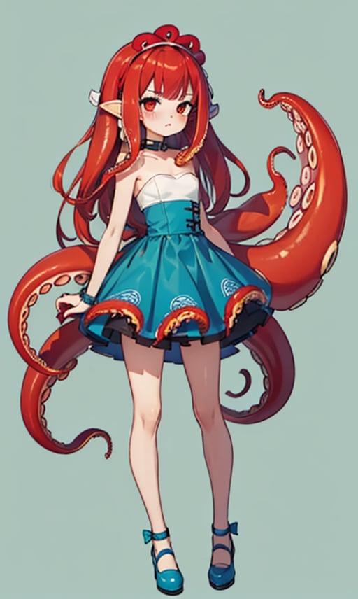 1girl, solo, long hair, blush, simple background, dress, bow, standing, full body, hairband, shoes, strapless, blue dress, colored skin, monster girl, strapless dress, red tentacles, green background, blue footwear, red tentacle hair, suction cups, (red tentacle:1.6), (red tentacle hair:1.6), (red tentacles hair:1.2)