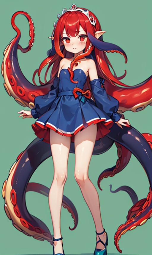 1girl, solo, long hair, blush, simple background, dress, bow, standing, full body, hairband, shoes, strapless, blue dress, colored skin, monster girl, strapless dress, red tentacles, green background, blue footwear, red tentacle hair, suction cups, (red tentacle:1.6), (red tentacle hair:1.6), (red tentacles hair:1.2)