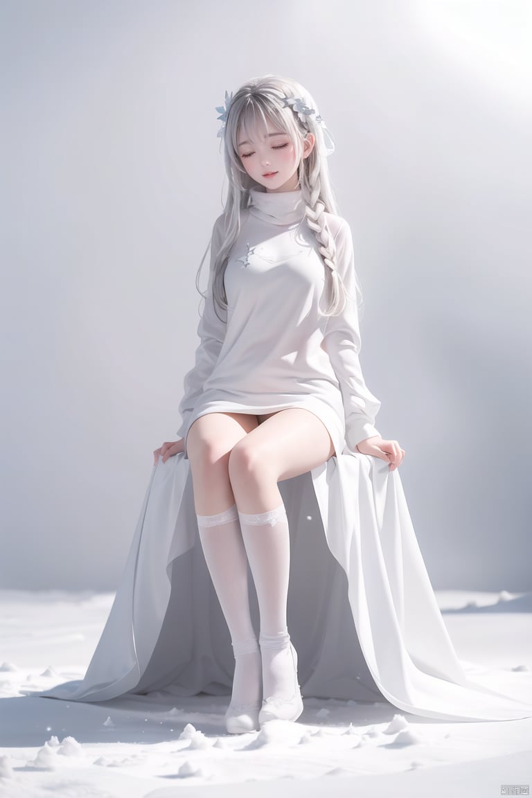  A girl sitting in the white snow closed her eyes and her body had turned white, Be covered with snow, All white, all white, all snow,  (full_body:1.2), (full body:1.2), 
, sg, 