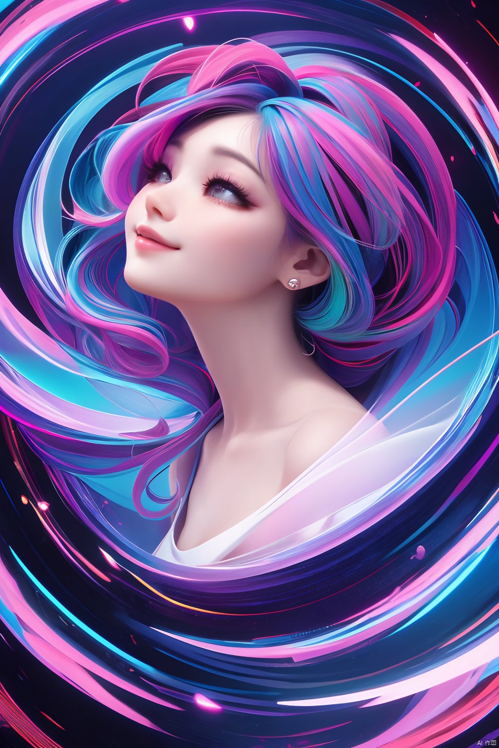  psychedelic style 1girl, dynamic angle, light delicate makeup, smile sweetly, thinking of someone in love, looking away, . vibrant colors, swirling patterns, abstract forms, surreal, trippy