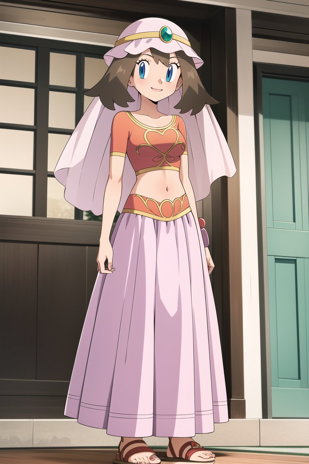 maybd, 1girl, solo, smile, blue eyes, brown hair, navel, standing, alternate costume, midriff, indoors, crop top, sandals, veil, arabian clothes, may (pokemon), gem, long skirt