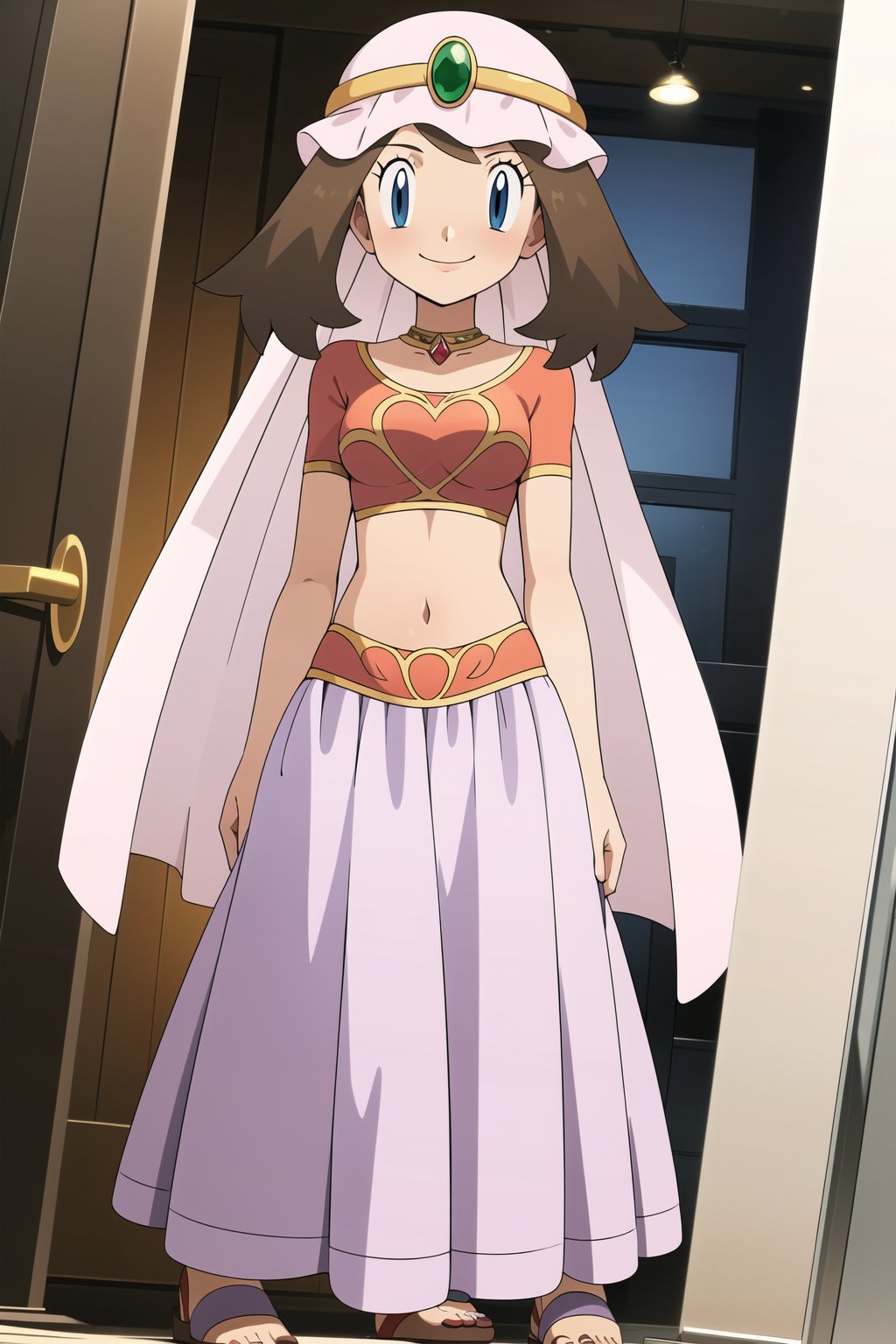 maybd, 1girl, solo, smile, blue eyes, brown hair, navel, standing, alternate costume, midriff, indoors, crop top, sandals, veil, arabian clothes, may (pokemon), gem, long skirt