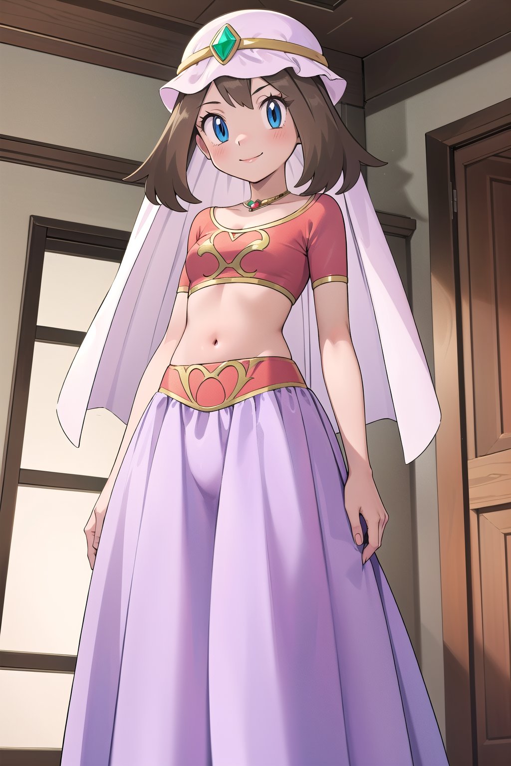 maybd, 1girl, solo, smile, blue eyes, brown hair, navel, standing, alternate costume, midriff, indoors, crop top, sandals, veil, arabian clothes, may (pokemon), gem, long skirt