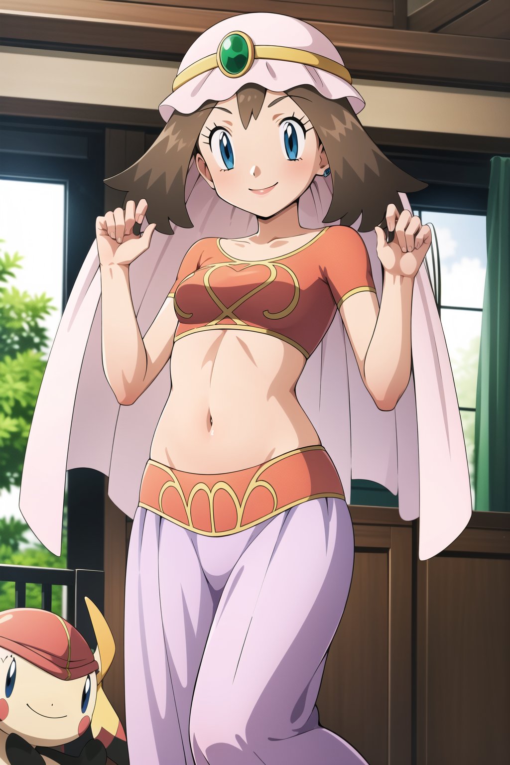 maybd, 1girl, solo, smile, blue eyes, brown hair, navel, standing, alternate costume, midriff, indoors, crop top, sandals, veil, arabian clothes, may (pokemon), gem, long skirt