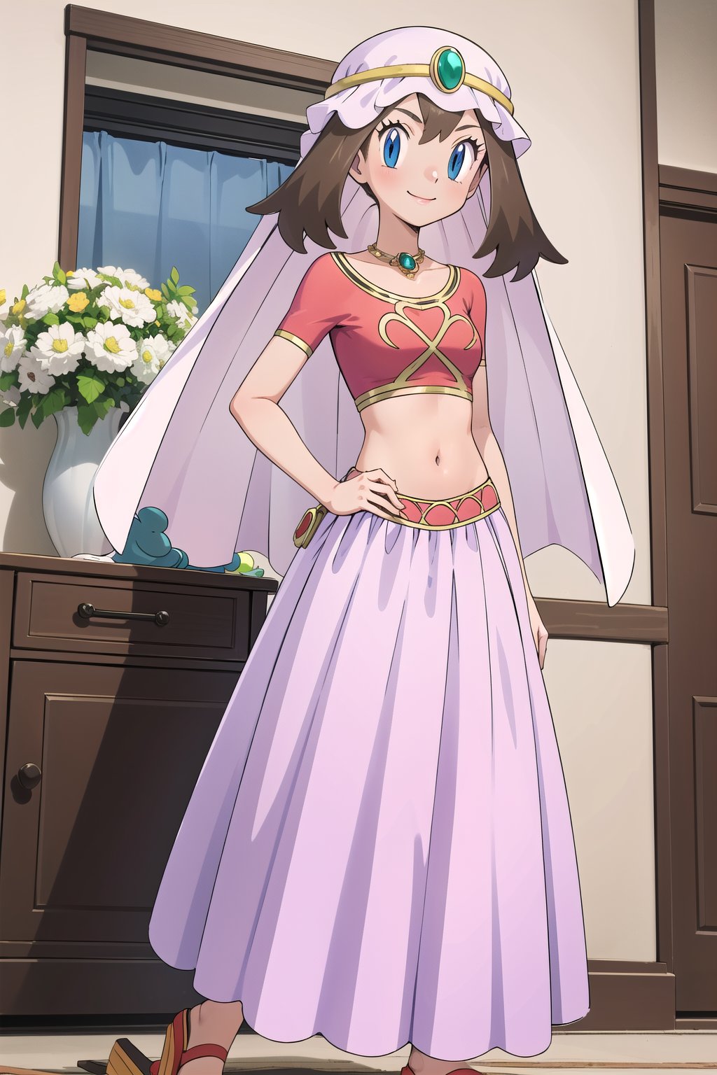 maybd, 1girl, solo, smile, blue eyes, brown hair, navel, standing, alternate costume, midriff, indoors, crop top, sandals, veil, arabian clothes, may (pokemon), gem, long skirt