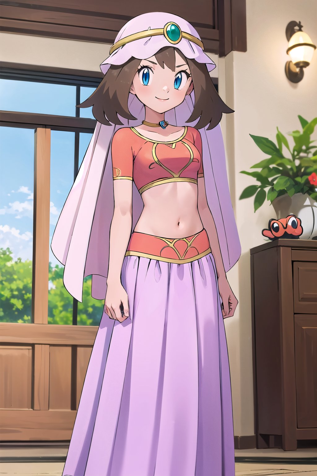 maybd, 1girl, solo, smile, blue eyes, brown hair, navel, standing, alternate costume, midriff, indoors, crop top, sandals, veil, arabian clothes, may (pokemon), gem, long skirt