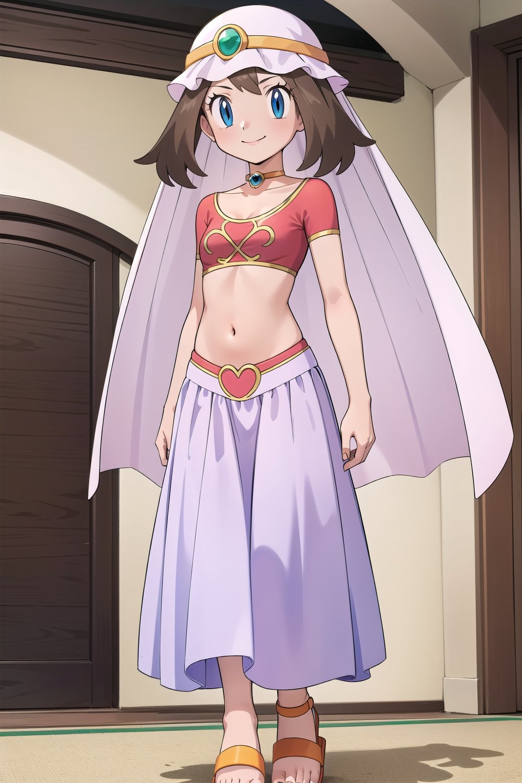 maybd, 1girl, solo, smile, blue eyes, brown hair, navel, standing, alternate costume, midriff, indoors, crop top, sandals, veil, arabian clothes, may (pokemon), gem, long skirt, choker