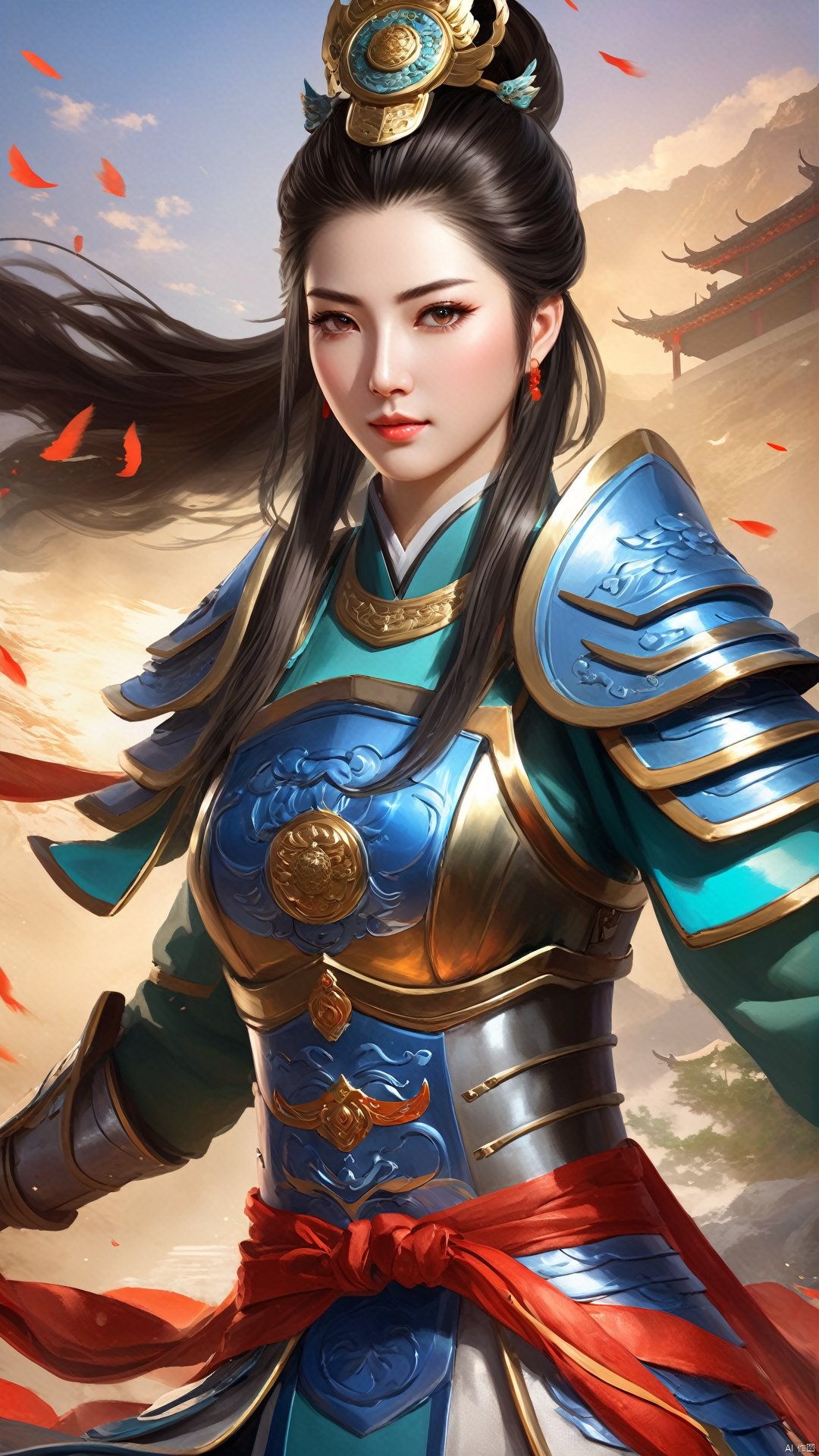 (Chinese Ancient Military Female Commander) Game cg (Ultra Realistic Bold Strokes: 1.5) A fresh-faced heroine (Round Face: 1.5) with a face like spring water and flowing hair. She wears lightweight Chinese armor and exudes open-mindedness and bravery