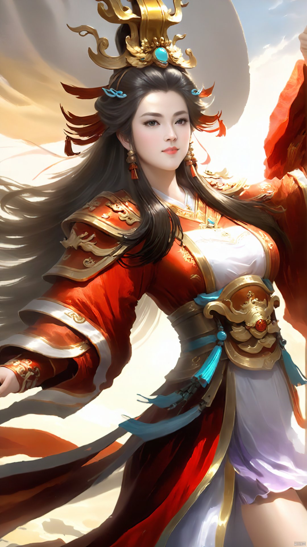 (Chinese Ancient Military Female Commander) game cg (Ultra-realistic thick brushstrokes: 1.5) Close-up of a round-faced heroine with a spring-like face and flowing hair