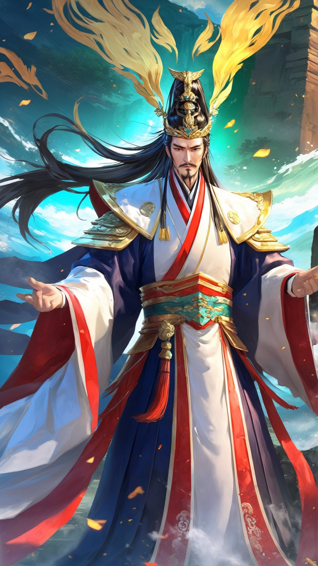  (Ancient military commander) game cg (surreal thick strokes: 1.5) (multi-angle view) Zhuge Liang's face is slender and shining with wisdom, and his hair is combed high, making him look wise and intelligent. Wearing elegant robes reveals the deep temperament of a counselor, Anime style