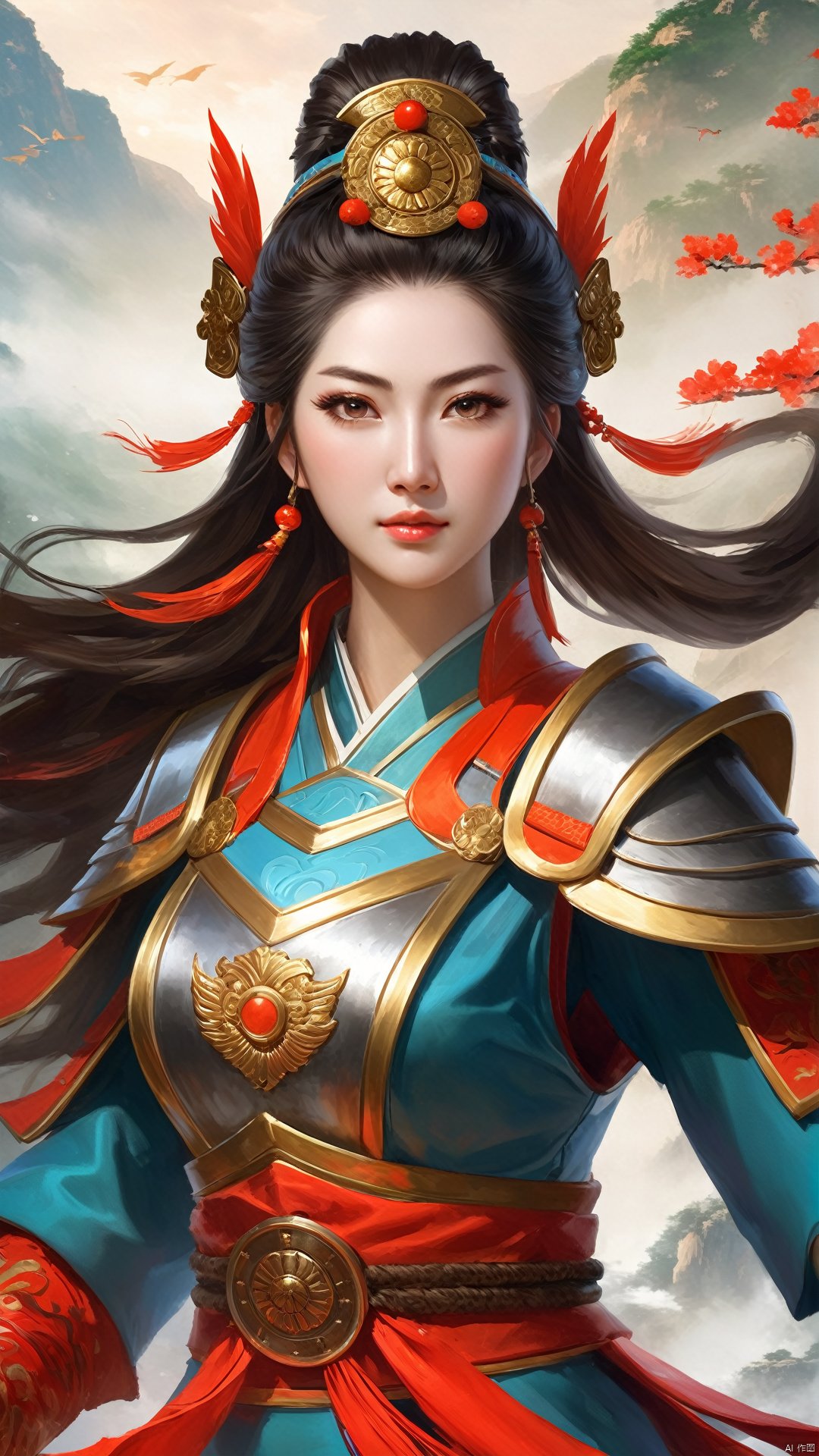 (Chinese Ancient Military Female Commander) Game cg (Ultra Realistic Bold Strokes: 1.5) A fresh-faced heroine (Round Face: 1.5) with a face like spring water and flowing hair. She wears lightweight Chinese armor and exudes open-mindedness and bravery