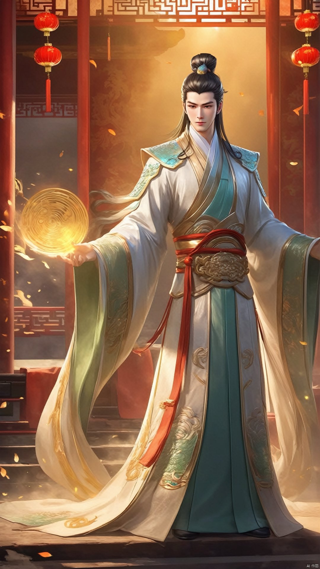 (Chinese ancient young man) game cg, full body, shining with wisdom, hair combed high, appearing wise and intelligent. Dressed in elegant robes, he shows a deep schemer's temperament