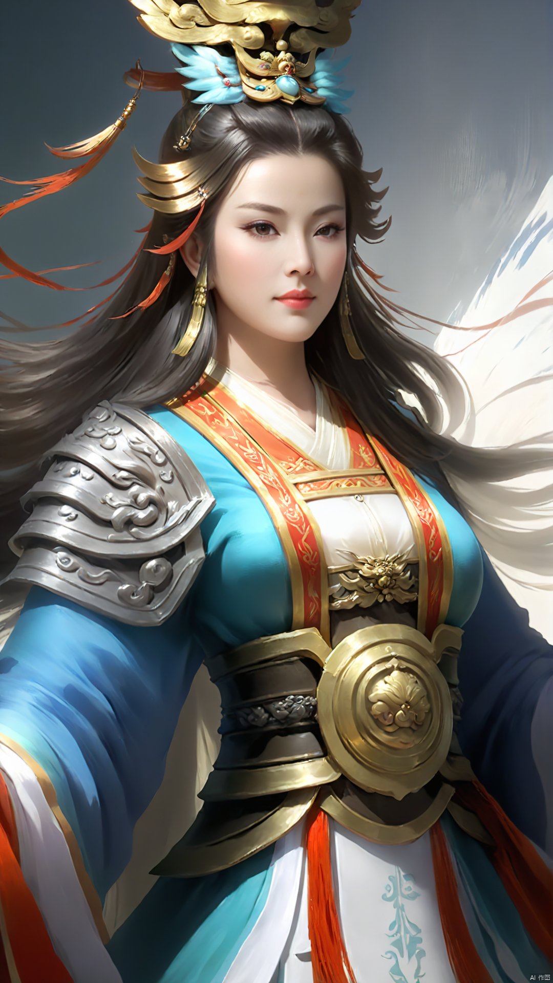 Chinese Ancient Military Female Commander, game cg (hyper-realistic thick brushstrokes: 1.5) (half-body close-up of a round-faced heroine), with a spring-like face and flowing hair