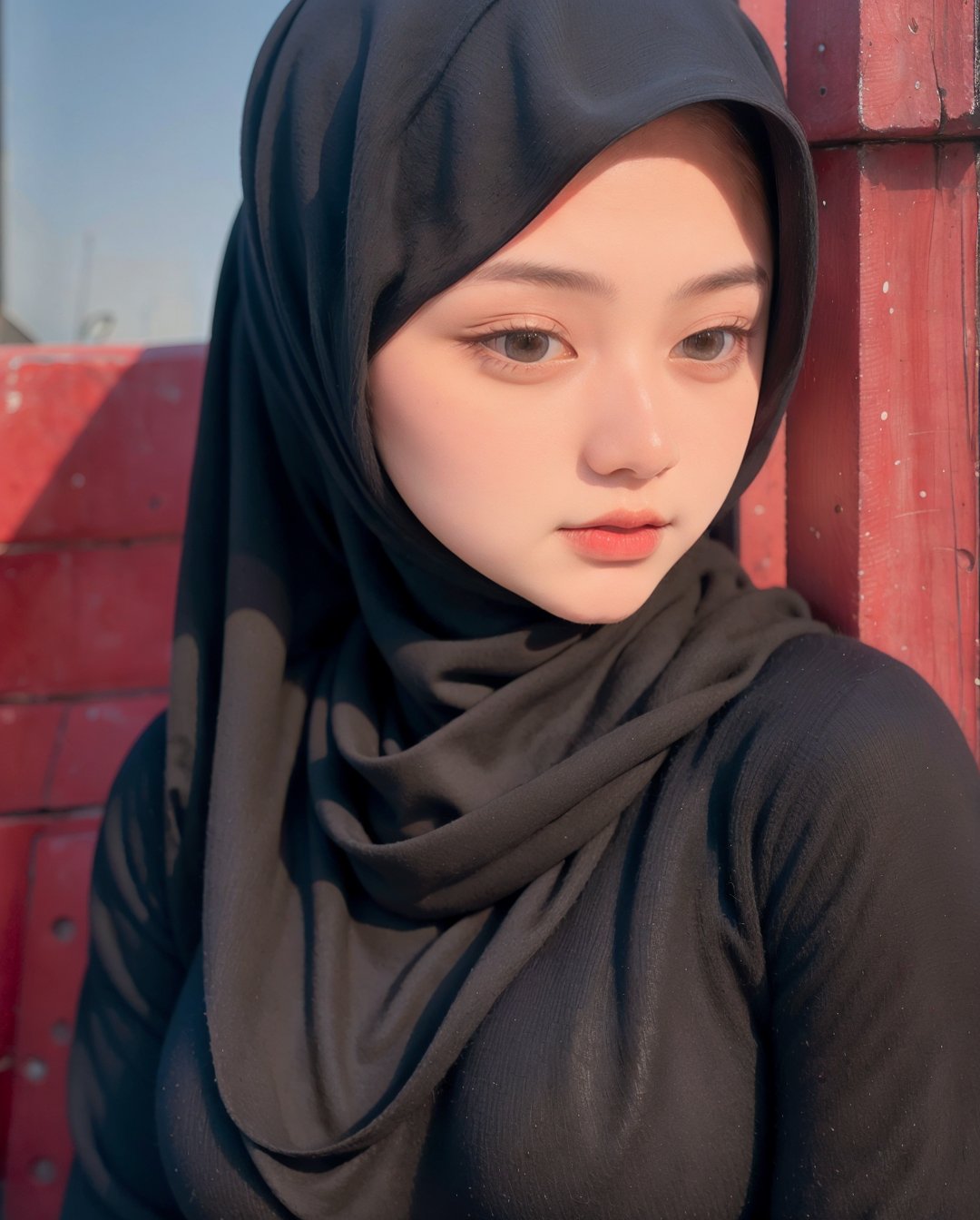 a 20 yo woman,hijab, sweater, dark theme, soothing tones, muted colors, high contrast, (natural skin texture, hyperrealism, soft light, sharp),red background, background,