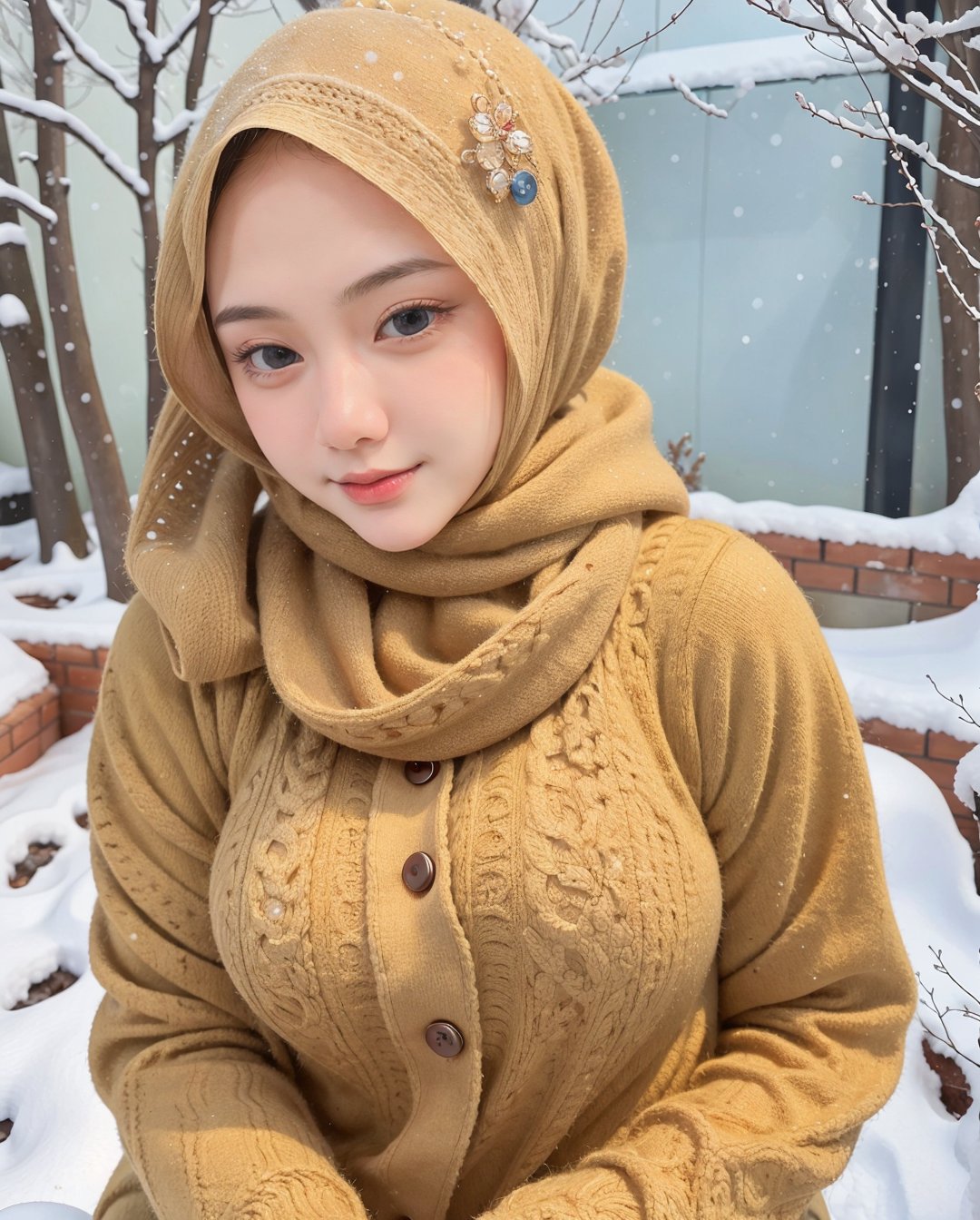 masutepiece、Best Quality、Illustration、 Ultra-detailed、finely detail、 hight resolution、8K Wallpaper、Perfect dynamic composition、27-year-old beautiful girl、Neat and clean woman、detailed beautiful faces、Detailed beautiful eyes、Textured skin、A faint smile、tiny chest、Bold sexy poses、Winter casual wear、hijab