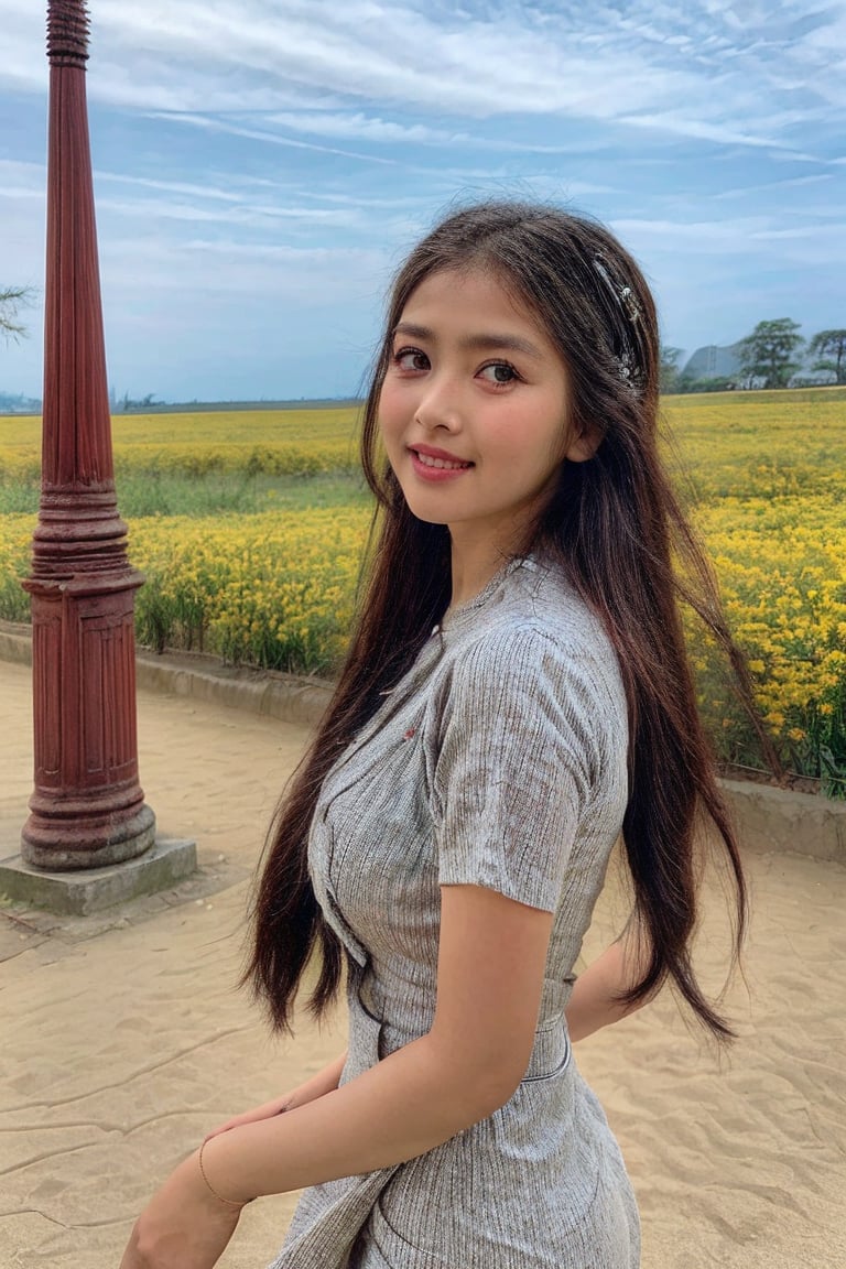 1girl, Beautiful eyes, detailed eyes, big eyes, Background Beautiful blue sky, calm sunshine, flower , village street, acmm ss outfit,Myanmar