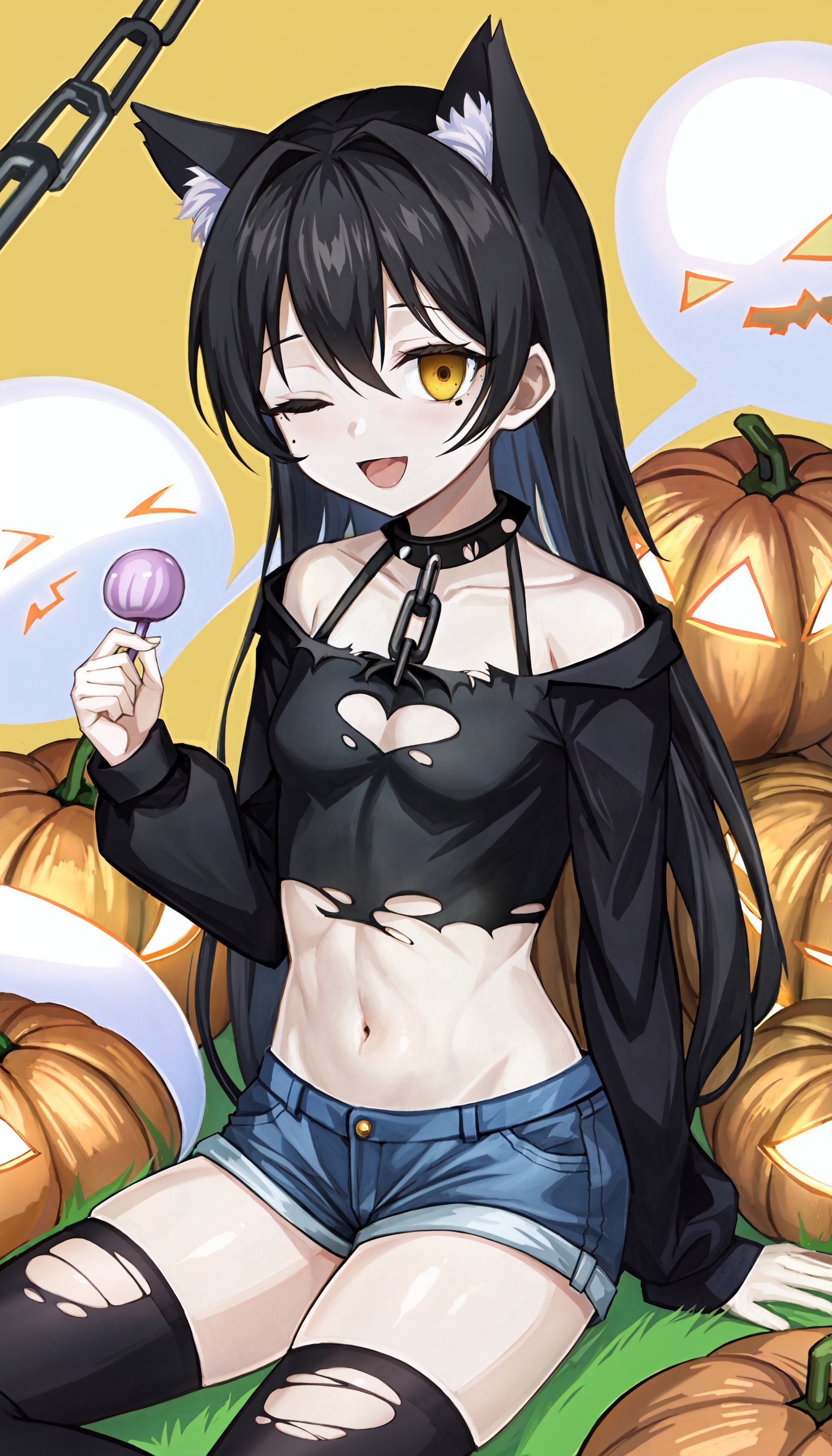 1girl, halloween, solo, one eye closed, shorts, candy, navel, collar, thighhighs, torn clothes, smile, mole, torn thighhighs, denim shorts, ghost costume, mole under eye, sitting, yellow eyes, chain, looking at viewer, breasts, short shorts, black shirt, spiked collar, crop top, open mouth, black hair, black thighhighs, midriff, jack-o'-lantern, denim, long hair, micro shorts, animal ears, shirt, spikes, ;d, food, small breasts, lollipop