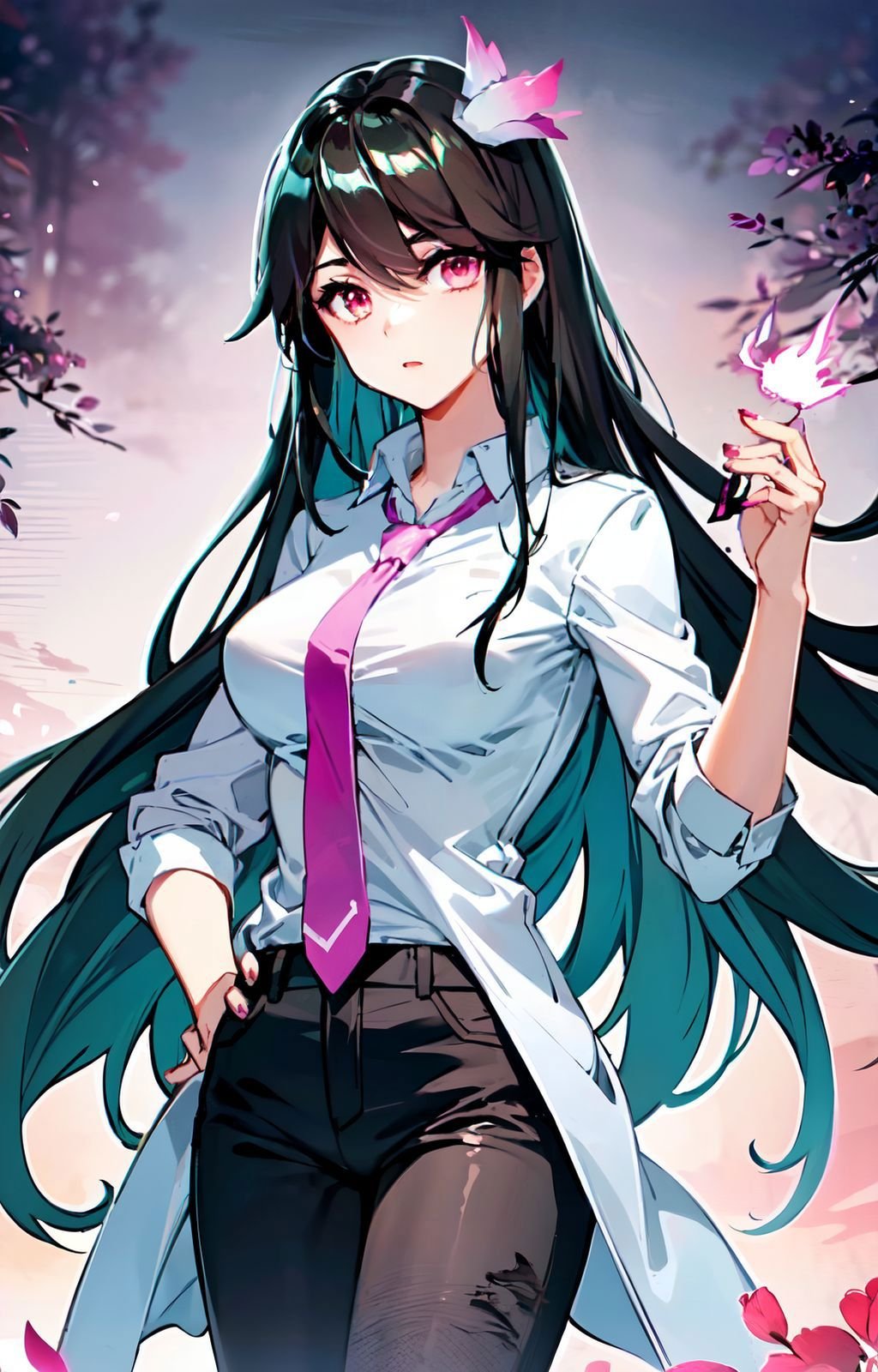 <lora:yaoyao:0.8>, 1girl, solo, black hair, long hair, bangs, pink eyes, large breasts, (( white shirt, jeans, necktie,   )), hair ornament, standing, facing viewer, hand on hip, 