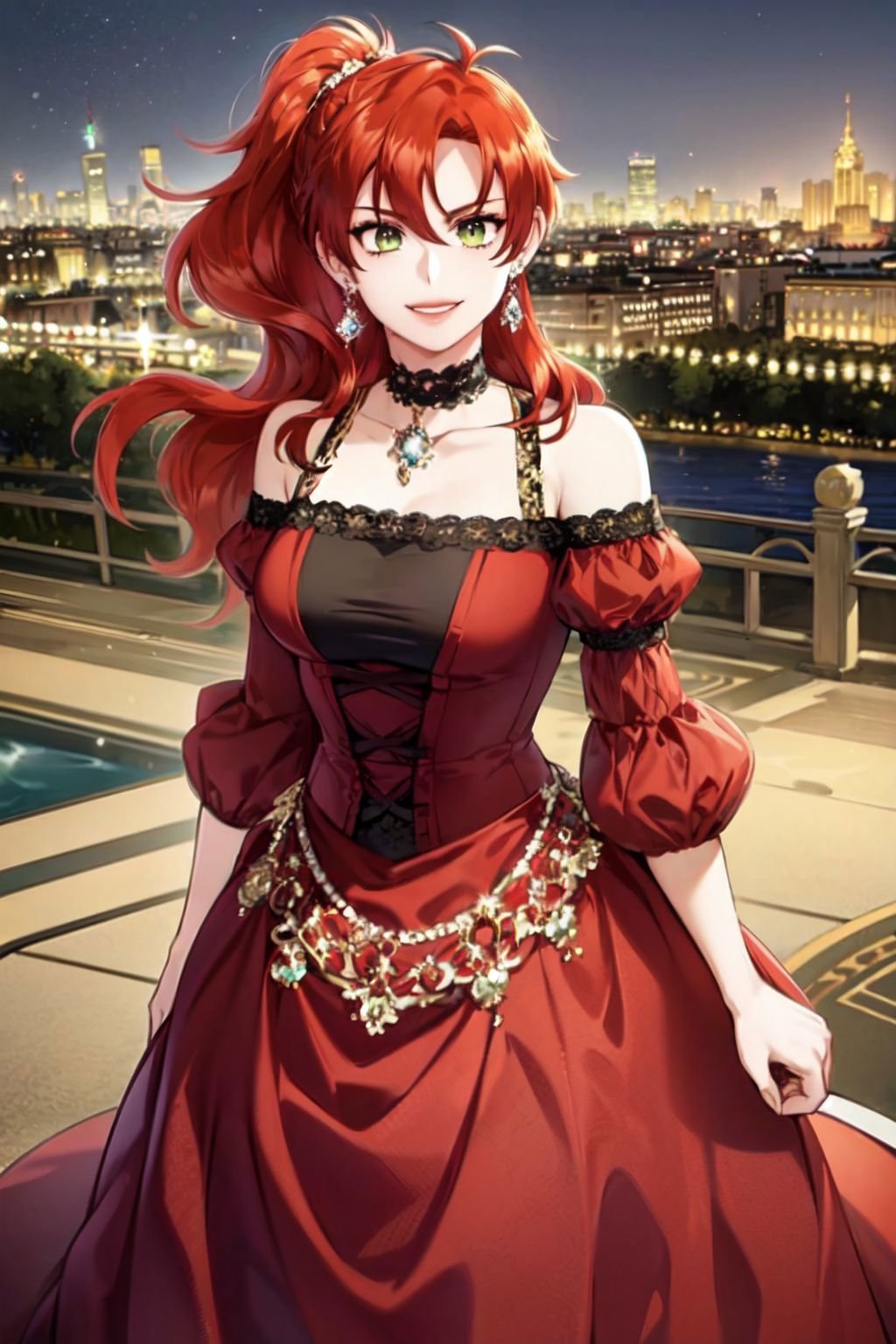 <lora:robelia:1> robelia , 1girl, solo, red hair, ponytail, long hair, green eyes, dress, looking at viewer, facing viewer, standing, earrings, jewelry, (( cityscape, city, )) smile, 