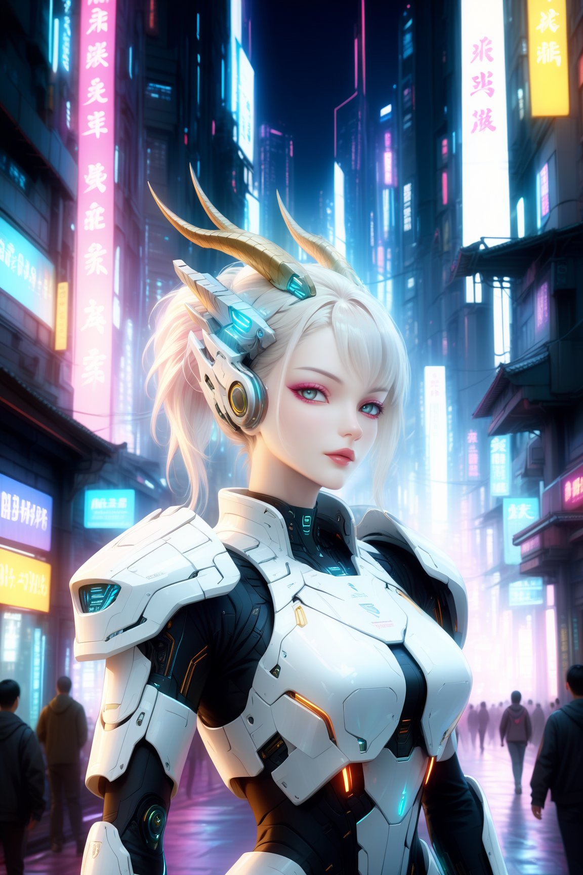 Cyberpunk Mech Girl with Caucasian features, wearing armor with shoulder pads shaped as dragon heads, white skin, detailed skin, realistic skin details, futuristic mecha arms, dynamic pose, swaying hair, vibrant Cyberpunk city night, neon-lit streets, Cyberpunk Chinese dragon in the sky, Cyberpunk architecture, future architecture, fine architecture, accurate architectural structure, detailed complex busy background, by FuturEvoLab, (masterpiece: 2), best quality, ultra highres, original, extremely detailed, perfect lighting, portrait, ultra-realistic illustration, digital painting