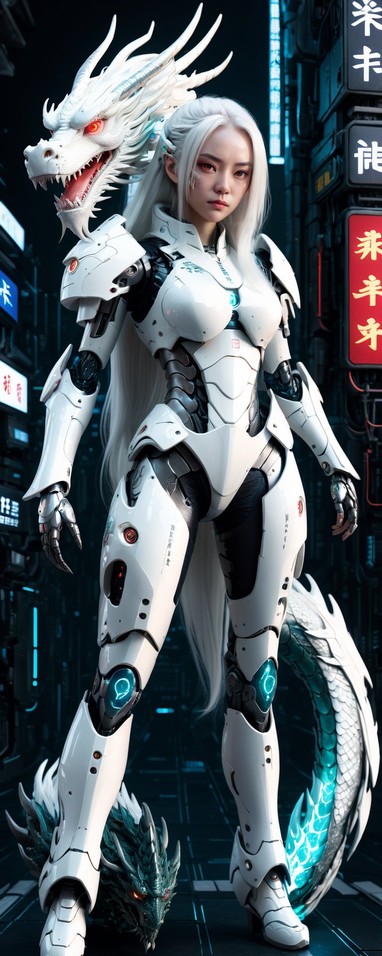 Full body,  outer_space,  robot female, human face, dragon skin, dragon scale pattern ,holding dragon head weapon, with long white hair,dragon-themed, complex background:1.1,Chinese Dragon,Mecha,Cyberpunk,Katon