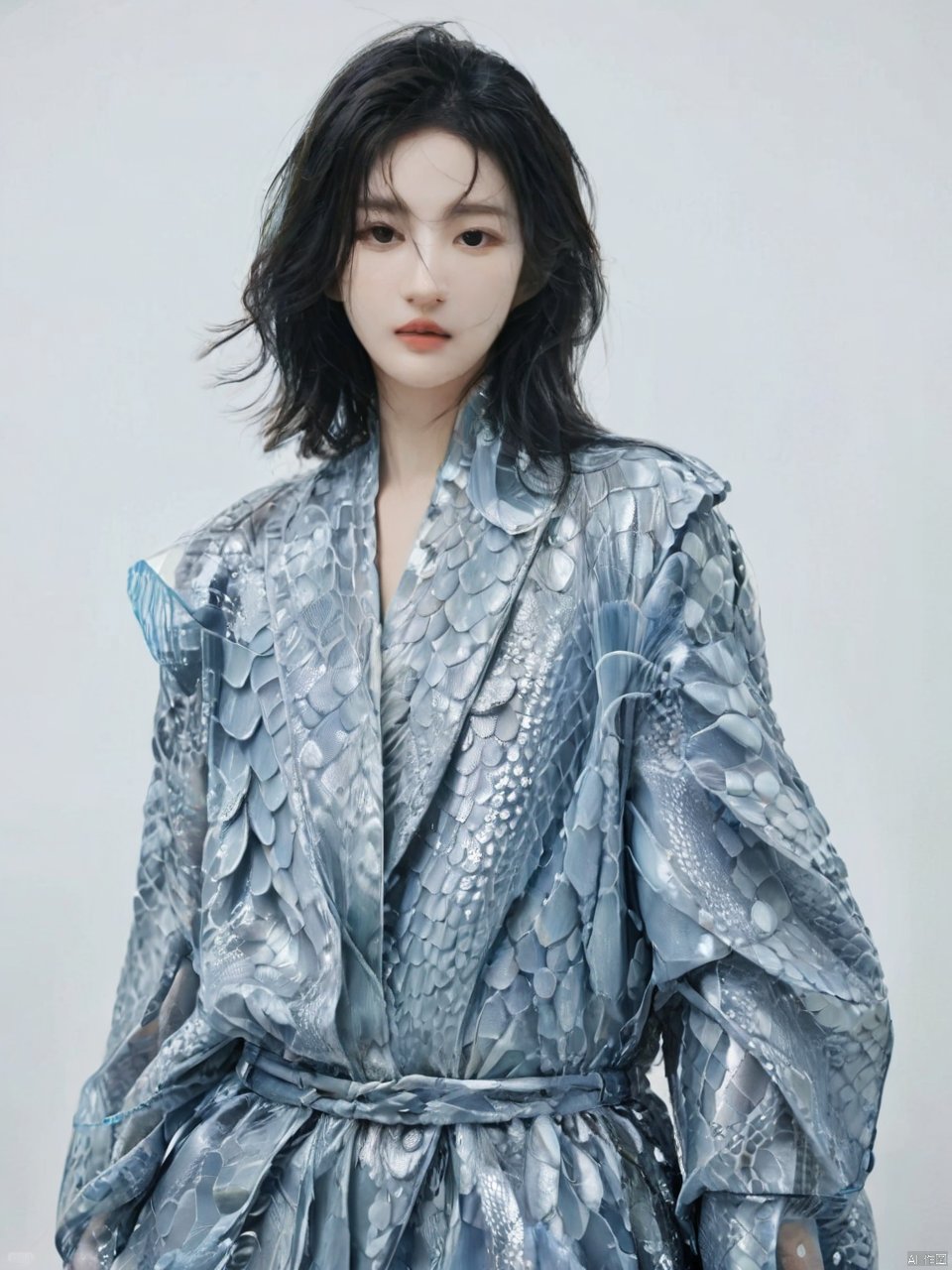  Transparent blue and white porcelain PVC skin, transparent blue and white porcelain colored skin scales, prisms, holography, color difference, fashion illustrations, masterpieces, Chinese dragon and Harajuku fashion, looking at the audience, 8k, super detailed, pixiv