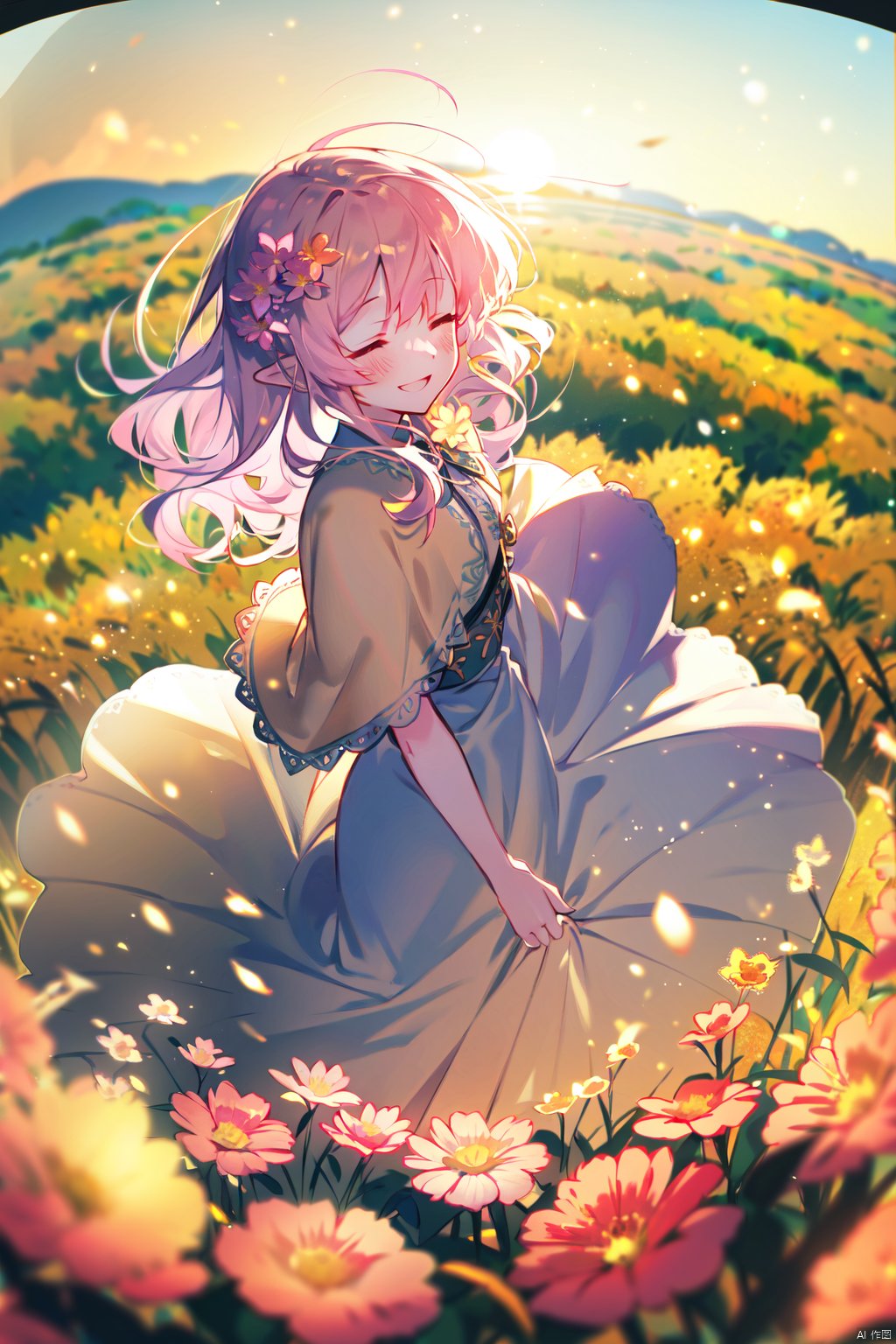  (drawn by Lynn Okamoto),center frame, sharp focus, (panorama, wide shot), best quality, masterpiece, extremely detailed, detailed background, (from above:1.2), 1girl, solo, pink hair, closed eyes, smile, open mouth, skirt, long hair, wavy hair, on side, fluffy hair, , french , blush, smile, capelet, lace trim, bodice, sunset, long dress, dusk, scenery, gold sky, high place, horizon, wheat field, wheat ears, wind, wind blow, looking at viewer, (depth of field), bokeh, (holding a flower:1.3), (holding:1.2),(medium):0.5,