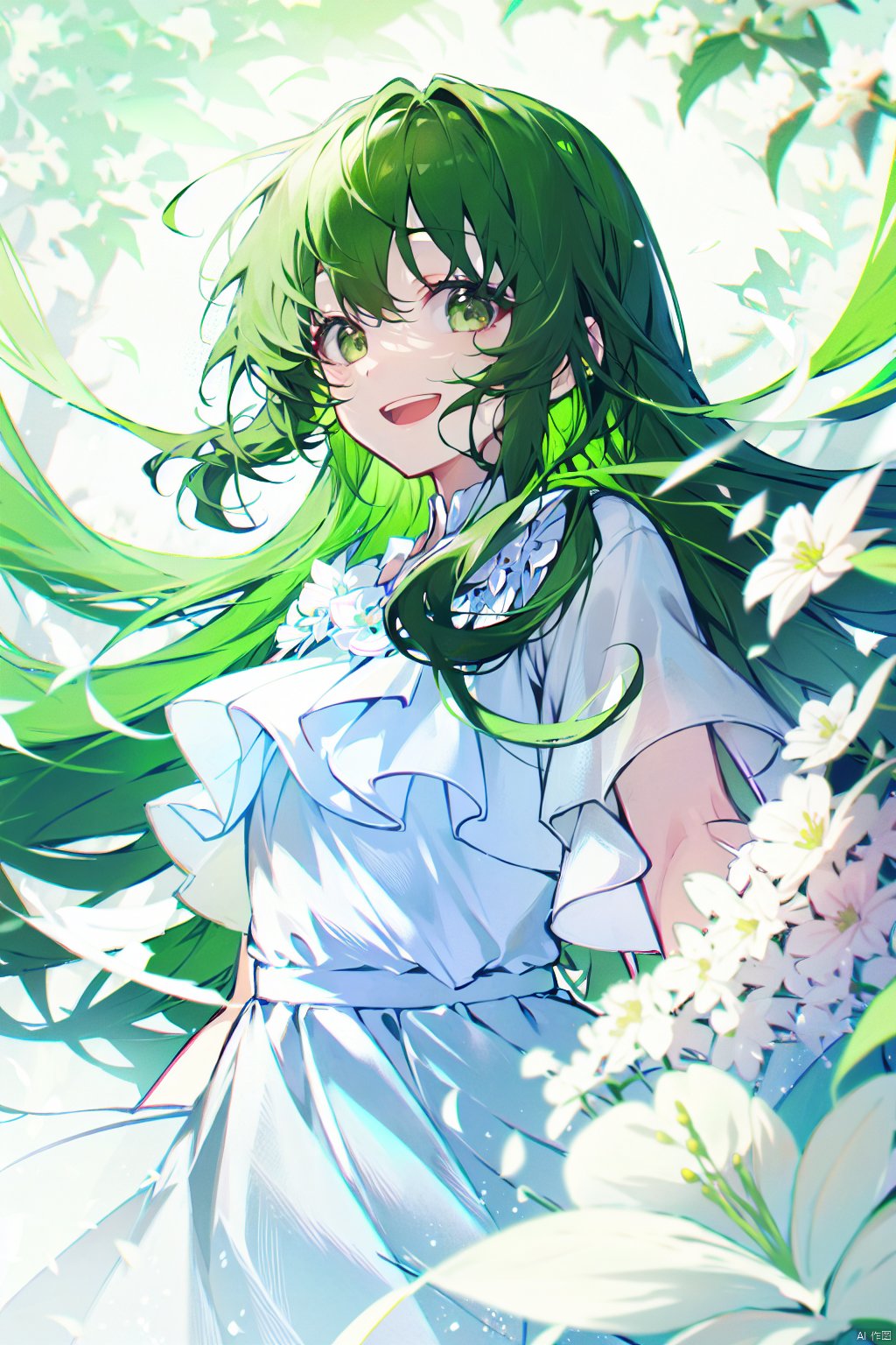  1girl, flower,white dress, solo, green hair, long hair, smile, open mouth, looking at viewer, bangs, white flower, green eyes,