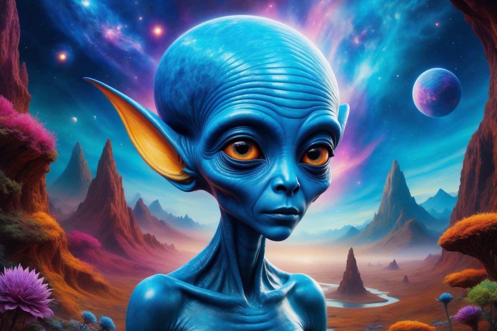 Highly detailed, 8k, photorealistic one Blue Alien, cosmic background, magical surroundings, vivid colors, futuristic design, attention to detail, a stunning visual masterpiece, natural magical color background, in the style of esao andrews,OMO