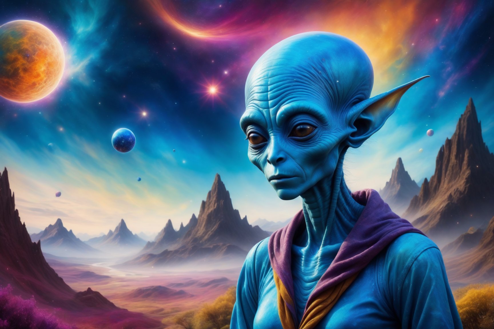 Highly detailed, 8k, photorealistic one Blue Alien, cosmic background, magical surroundings, vivid colors, futuristic design, attention to detail, a stunning visual masterpiece, natural magical color background, in the style of esao andrews,OMO