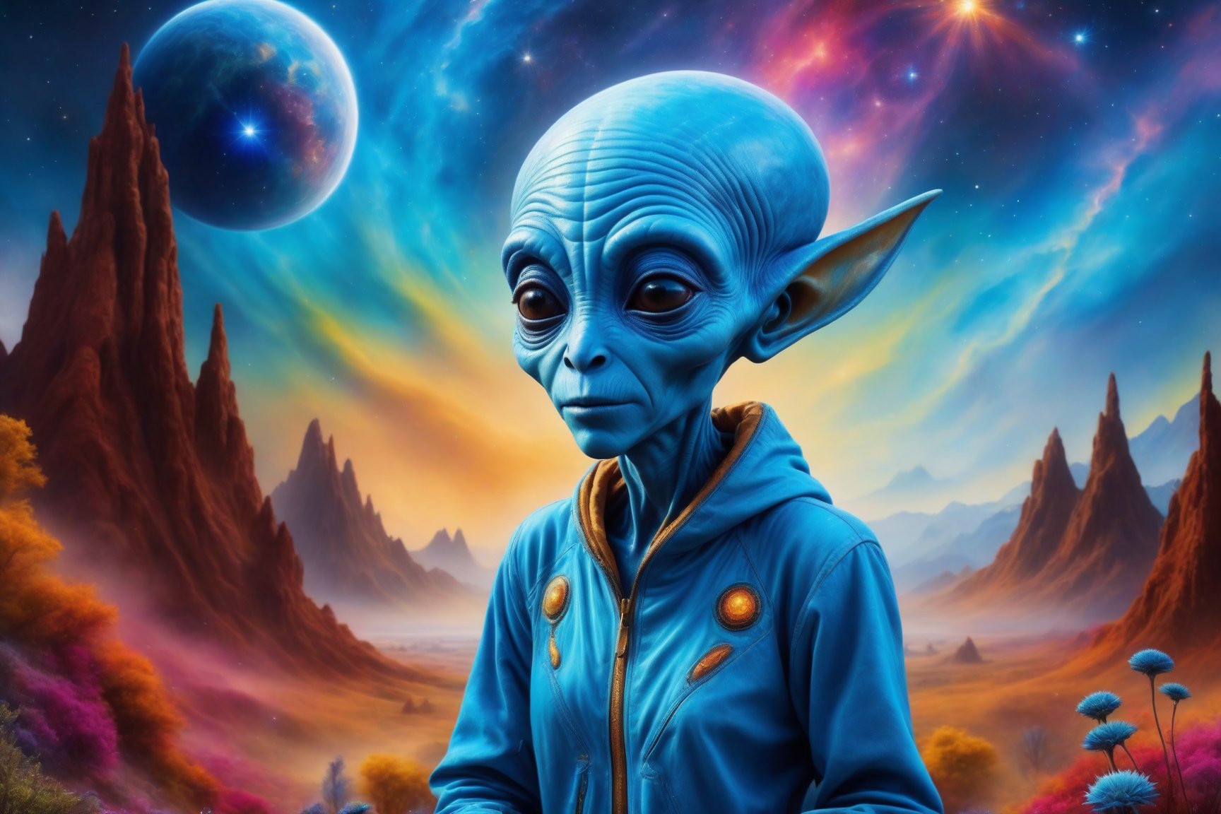 Highly detailed, 8k, photorealistic one Blue Alien, cosmic background, magical surroundings, vivid colors, futuristic design, attention to detail, a stunning visual masterpiece, natural magical color background, in the style of esao andrews,OMO