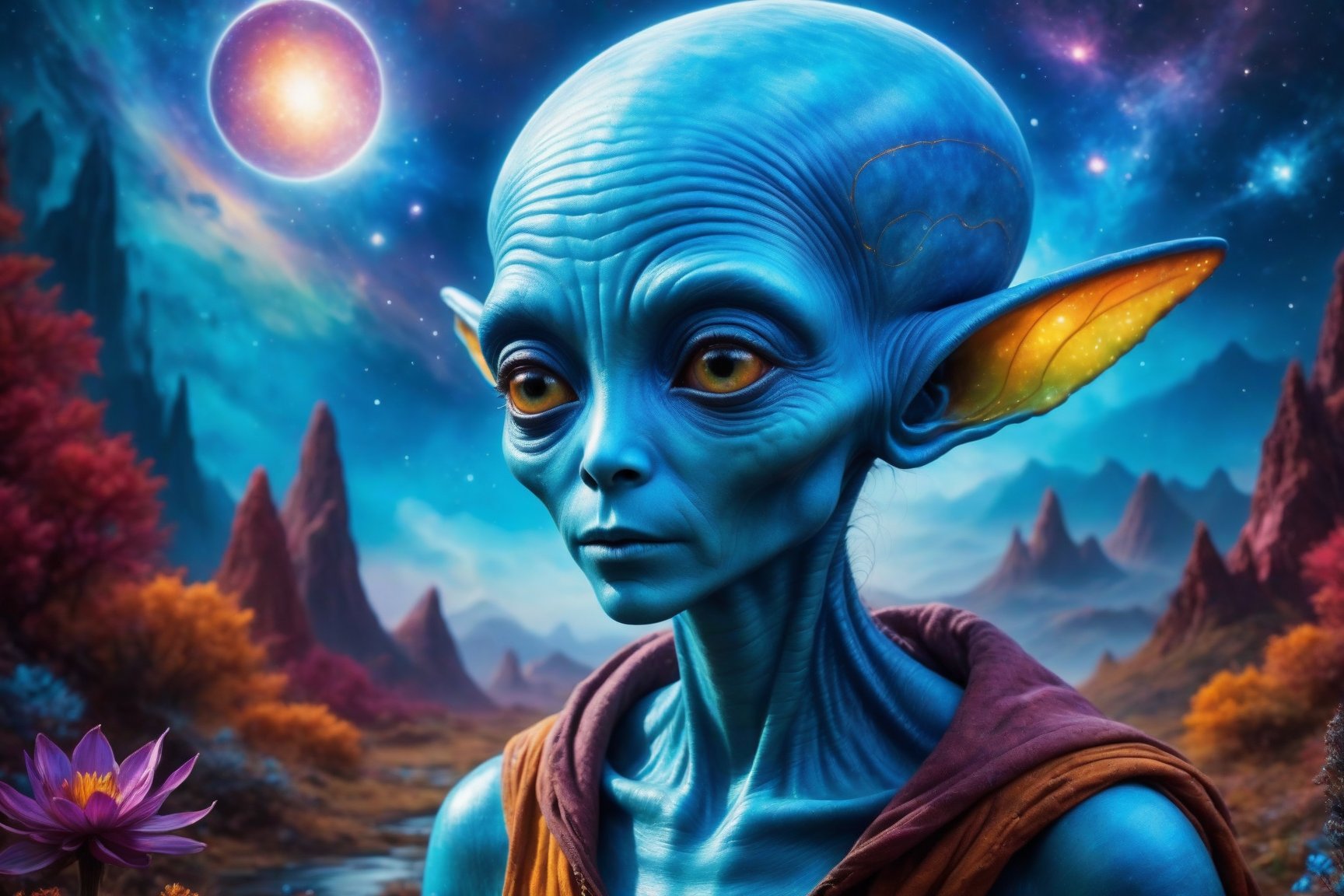 Highly detailed, 8k, photorealistic one Blue Alien, cosmic background, magical surroundings, vivid colors, futuristic design, attention to detail, a stunning visual masterpiece, natural magical color background, in the style of esao andrews,OMO