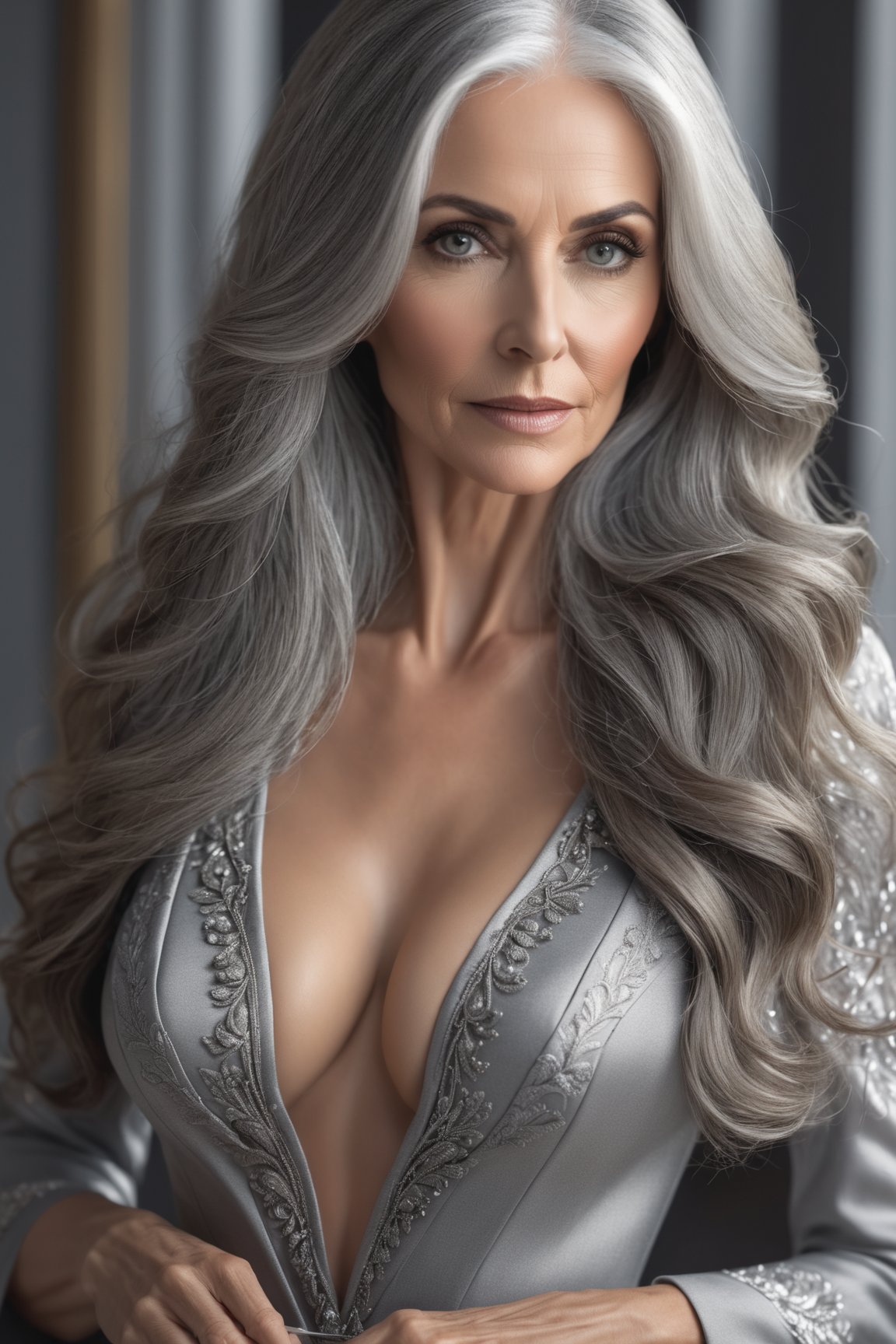 beautiful mature woman, lovely slender body shape, cleavage, long flowing grey hair, very detailed, amazing quality, intricate, cinematic light, highly detail, beautiful, surreal, dramatic, perfect hands, 4k, sharp focus on eyes and skin, hyper detailed realistic