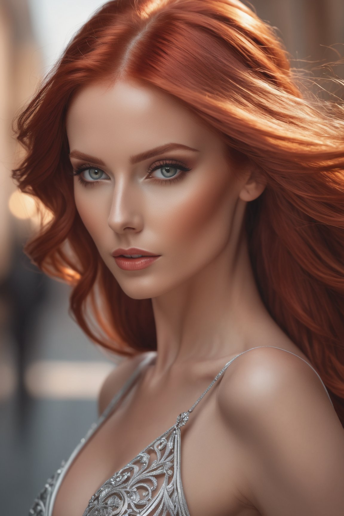 beautiful red hair woman, lovely slender body shape, cleavage, long flowing hair, very detailed, amazing quality, intricate, cinematic light, highly detail, beautiful, surreal, dramatic, perfect hands, 4k, sharp focus on eyes and skin, hyper detailed realistic