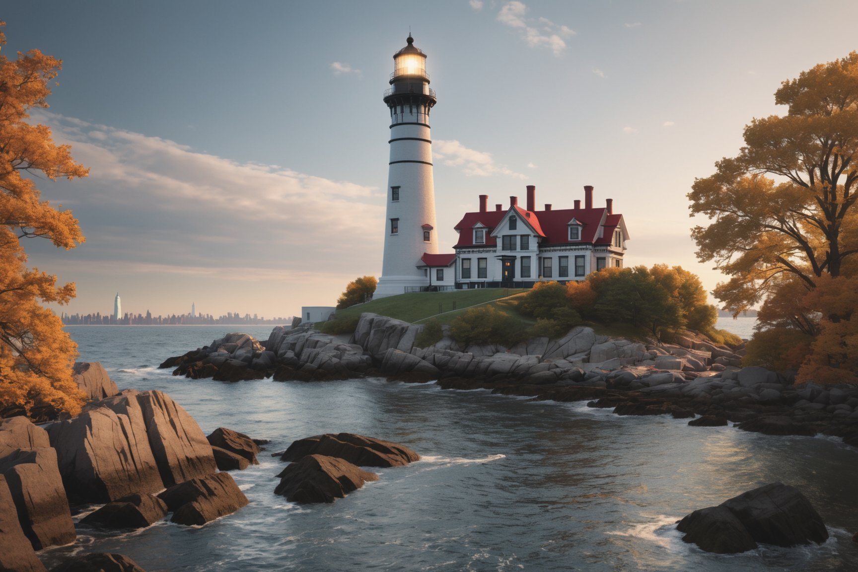 old and elegant lighthouse in New York city, very detailed, amazing quality, intricate, cinematic light, highly detail, beautiful, surreal, dramatic, 4k, sharp focus, hyper detailed realistic