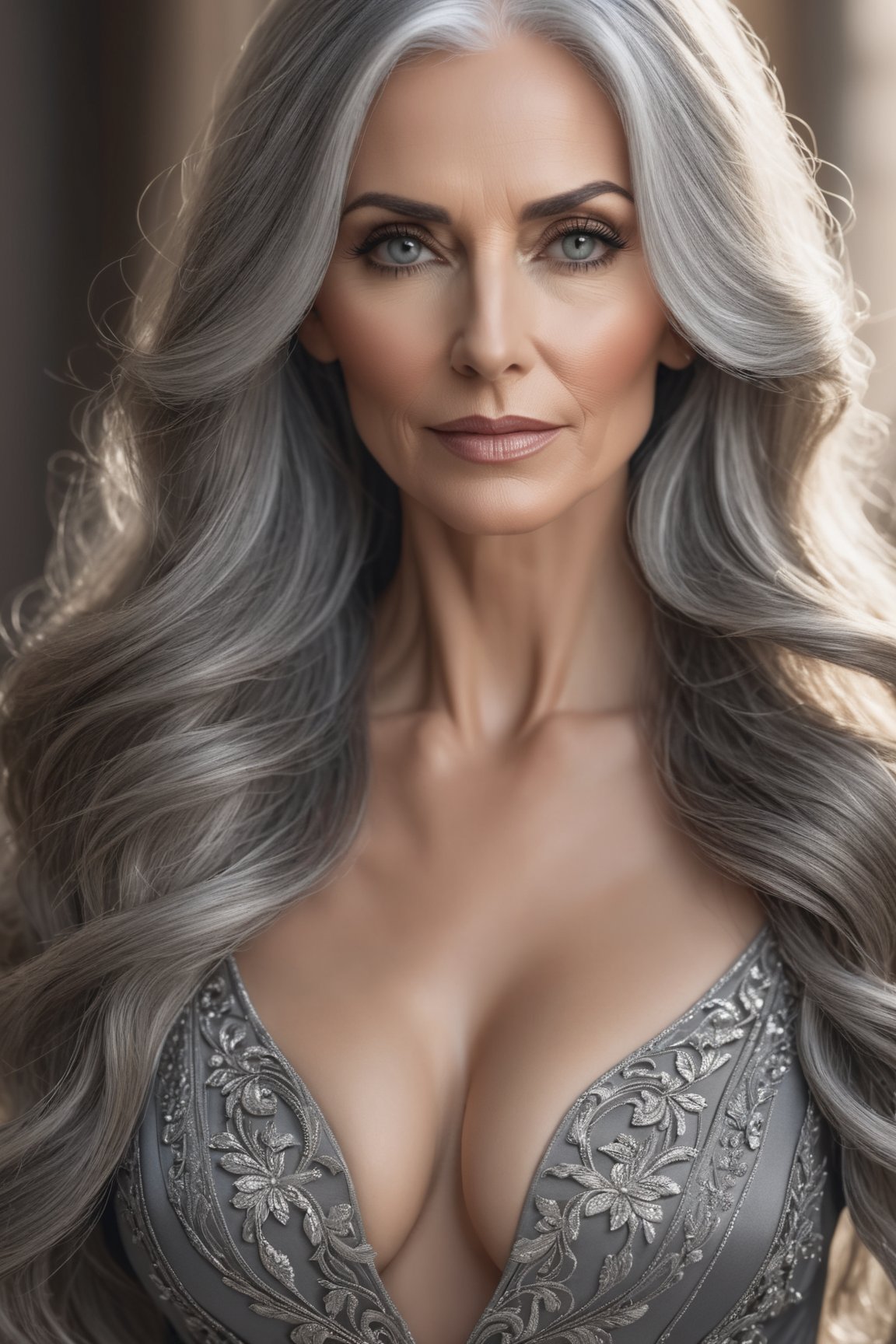 beautiful mature woman, lovely slender body shape, cleavage, long flowing grey hair, very detailed, amazing quality, intricate, cinematic light, highly detail, beautiful, surreal, dramatic, perfect hands, 4k, sharp focus on eyes and skin, hyper detailed realistic