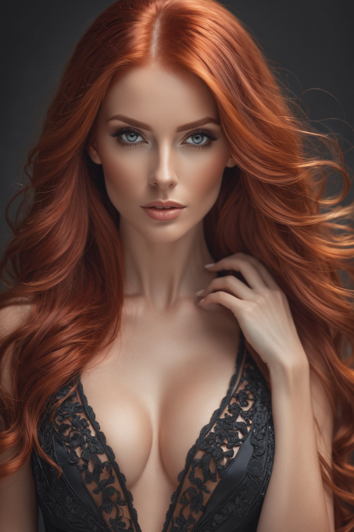 beautiful red hair woman, lovely slender body shape, cleavage, long flowing hair, very detailed, amazing quality, intricate, cinematic light, highly detail, beautiful, surreal, dramatic, perfect hands, 4k, sharp focus on eyes and skin, hyper detailed realistic