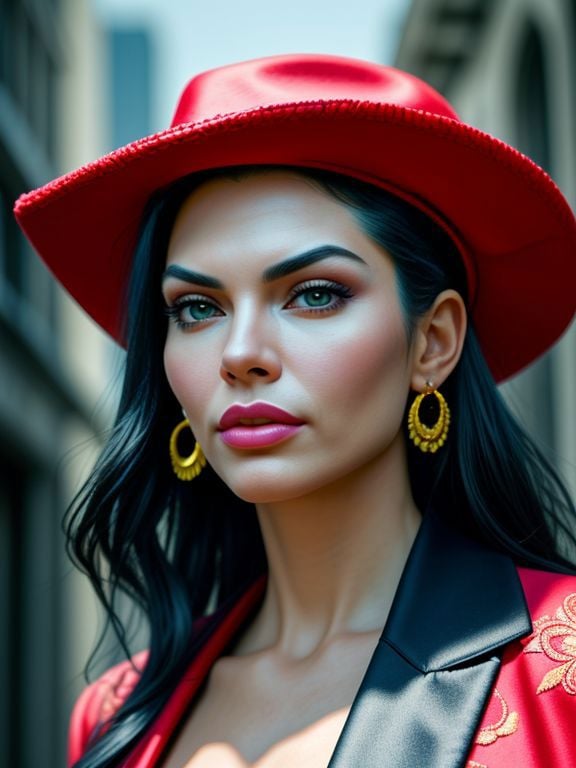 Masterpiece, Best Quality, ultrarealistic photography, real life, colorful, amazing, perfect lighting, bright colors, dramatic, dynamic, cinematic lighting, hyperrealism, intricate details, epic, realism, Jasmine Jae, suit with hat, extremely detailed background scene,  <lora:LCM_LoRA_Weights_SD15:1> 