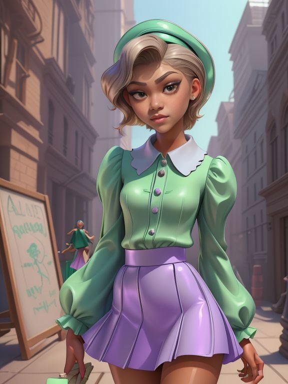 Zendaya , chalk (medium) style outfit, peter pan collared blouses with flared or a-line skirts , __jumbo/places/home__glossy skin,  smooth skin, 