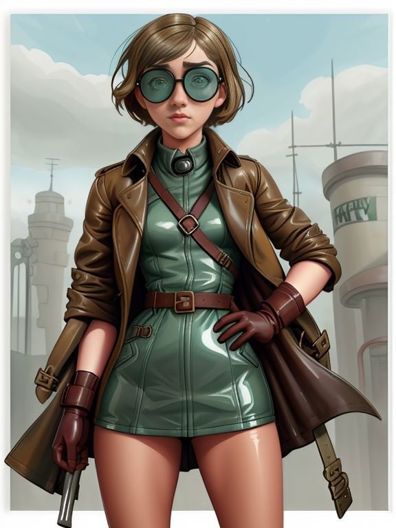 Maisie Williams , watercolor pencil (medium) style outfit, trench coat, leather gloves, and aviator goggles , gymglossy skin,  smooth skin, 