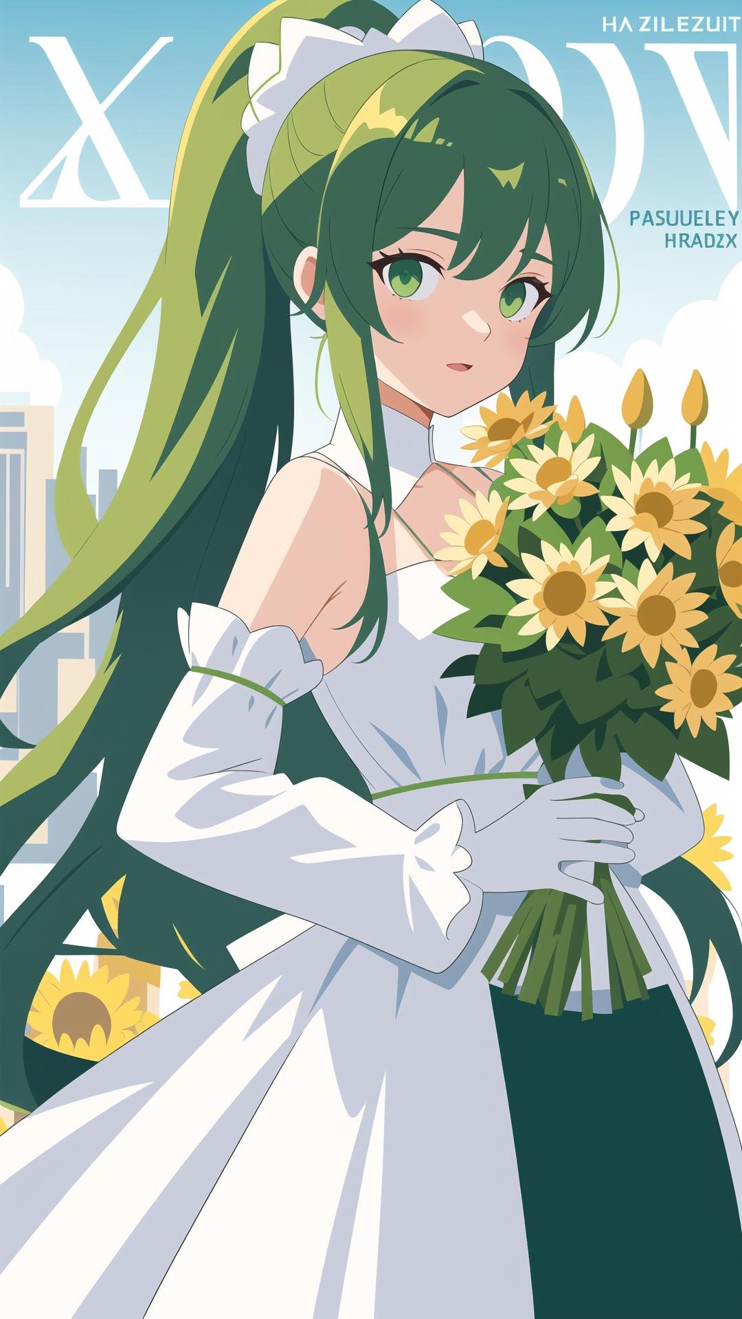 1girl,  official,  head,  green eyes, animal ears,  ahoge,  long straight hair,  ponytail,  hair ornament, bare shoulders,  black crop top,  small breasts,  navel,  detached sleeves,  elbow gloves,  fingerless gloves,  two tails,  skirt bouquet,  branch,  daisy,  dandelion,  dress,  floral_background,  flower,  flower_pot,  green_flower,  head_out_of_frame,  holding,  holding_bouquet,  holding_flower,  ivy,  leaf,  lily_\(flower\),  lily_of_the_valley,  lily_pad,  long white_hair,  lotus,  morning_glory,  palm_leaf,  palm_tree,  petals,  plant,  potted_plant,  puffy_sleeves,  rose,  solo,  sunflower,  tulip,  upper_body,  vase,  vines,  white_dress,  white_flower,  white_rose,  yellow_flower,  masterpiece,  best quality, beautiful detailed hair, beautiful detailed face, beautiful detailed jacket, beautiful detailed background, album cover, beautiful detailed splash,  in city,  cityscape, 1girl, limited palette, pastel color,  many line in hair,  shiny skin, sunlight,  2020s, minute details,  punk,  out doors,  looking at viewer,  drawing, multicolored back graound,  colorful,  solo, cowboy shot,  jacket,  long sleeves,  chest,  ((((magazin cover)))),  long hair,  floating hair,  bangs,  colored inner hair,  aqua theme,  official art,  cuteloli,  cozy animation scenes,