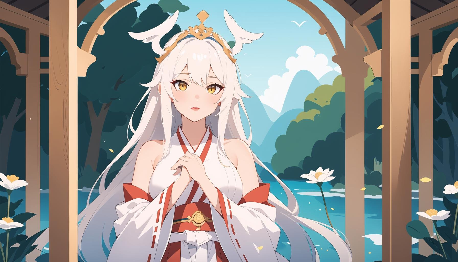 (masterpiece, best quality, ultra-detailed, highres), (((solo))),(sidelighting, lustrous skin), (bloom), (shine), lighting, strong rim light,white hair,(miko),((tangzhuang)),beautiful detailed eyes,beautiful detailed girl,an extremely delicate and beautiful,tiara,lipstick,beautiful and delicate water,nature,(shrine),shiratama kitsune,golden eyes,long hair, hand on own chest,