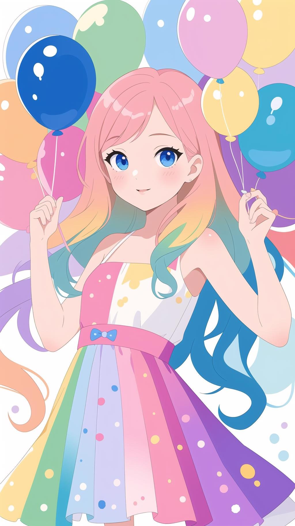 best quality,(masterpiece:1.3),ultra-detailed,1girl,Abstract watercolor painting of a little girl,rainbow colors::1,colorful background,colorful hair,long hair,colorful dress,balloon,abstract watercolor painting of cartoon clouds with emoji,rainbow colors,Gradient,blue and pink tone colors,