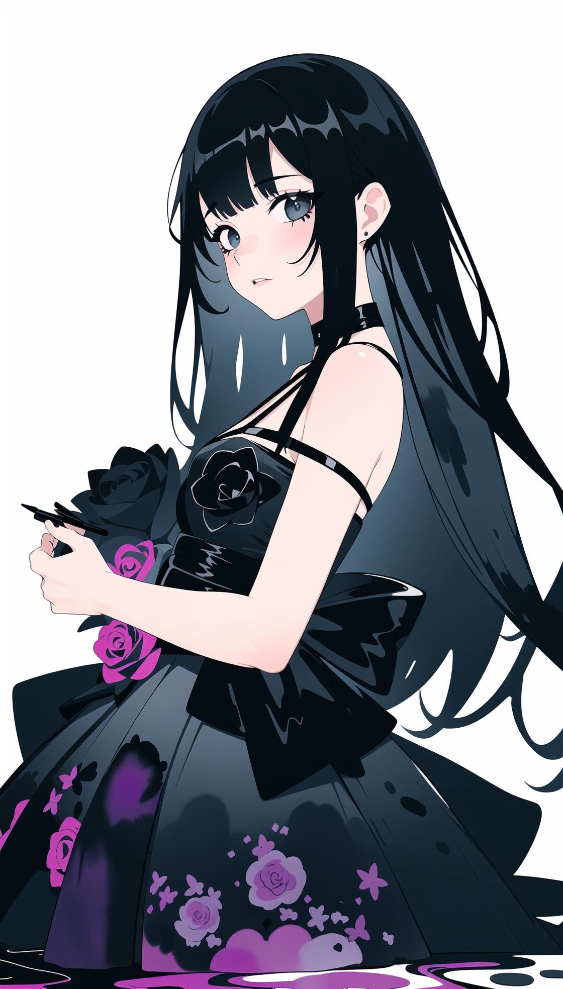 black tone,glitch,(watercolor \(medium\):1.3), fussion of Fluid abstract art, color splashing,//(from side:0.8),(1girl), (Harajuku Fashion), (black rose),(black dress made of black rose), black flower,//in rose blossoms.//