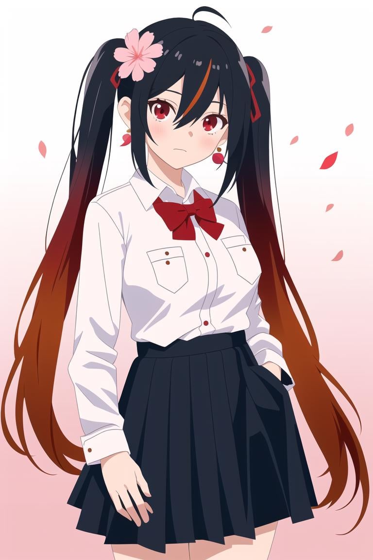 cowboy shot,1girl,solo,shirt,bow,bowtie,black hair,long hair,skirt,twintails,red eyes,jewelry,earrings,white shirt,hair flower,looking at viewer,hair ornament,hands in pockets,flower,red bow,ribbon,black skirt,pocket,petals,hair ribbon,collared shirt,pleated skirt,red bowtie,long sleeves,closed mouth,red ribbon,multicolored hair,gradient,breast pocket,cherry blossoms,gradient background,red hair,bangs,pink flower,hair between eyes,dress shirt,school uniform,very long hair,