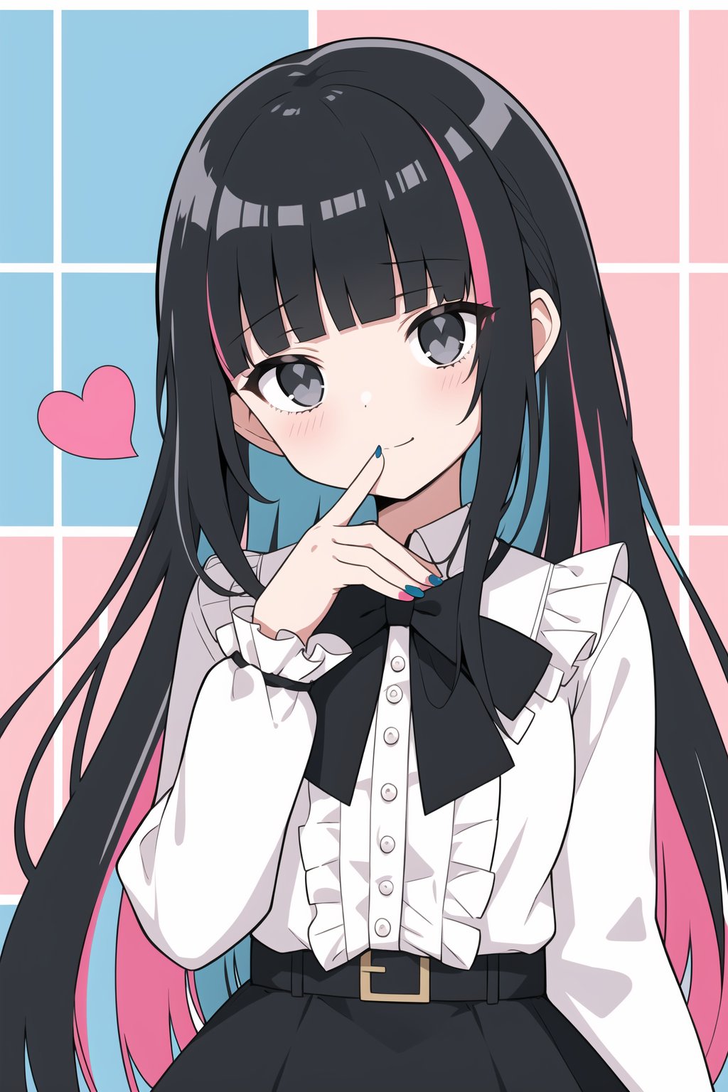 1girl, solo, long hair, black hair, bangs, looking at viewer, black eyes, frills, blunt bangs, long sleeves, frilled shirt, bow, skirt, frilled sleeves, black skirt, belt, shirt, multicolored hair, head tilt, black bow, heart, tile wall, pink nails, bowtie, closed mouth, upper body, cross-laced clothes, labcoat, black shirt, fingernails, white coat, nail polish, jirai kei<lora:kohaku-xl-delta-lyco-step00012000:0.9:lbw=1,1,1,1,1,1,1,1.2,1,0.25,1,0.4,0.2,0.25,0,0,0.4,0.5,1,1>