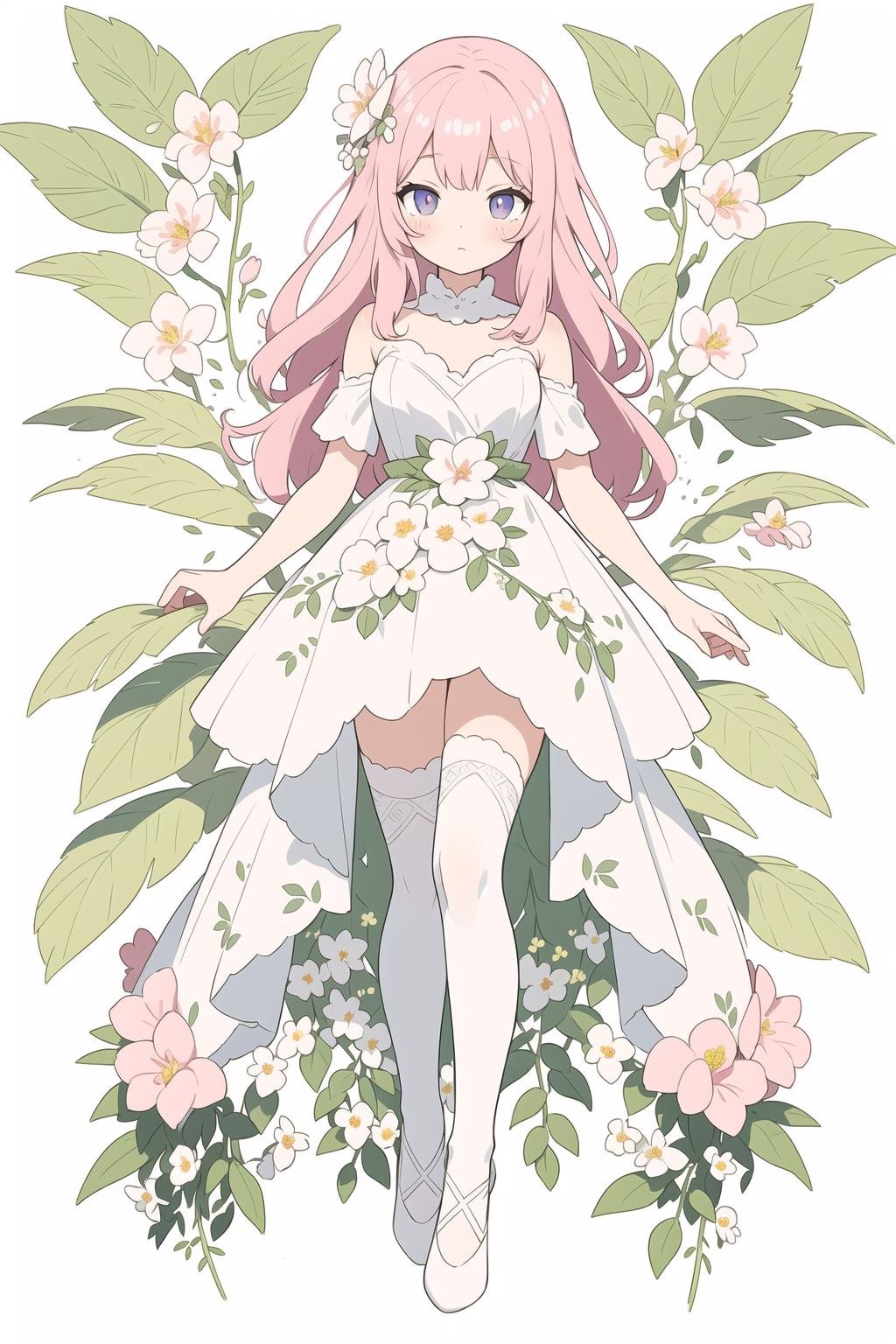 watercolor, masterpiece, best quality, extremely detailed, 1girl, full body, beautiful detailed eyes, cute anime face, full body, beautiful detailed face, pink hair, (Botanical illustration:1.5), white dress, white legwear