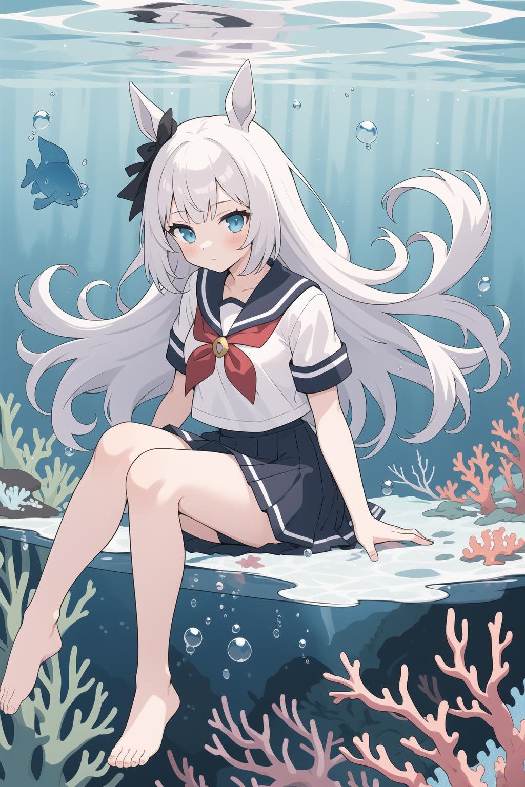 1girl, liquid hair, solo, skirt, oguri cap \(umamusume\), long hair, barefoot, school uniform, serafuku, bubble, black skirt, shirt, white shirt, black sailor collar, underwater, short sleeves, ribbon, sailor collar, multicolored background, floating hair, (seaweed), air bubble, sitting, (coral reef), reflection