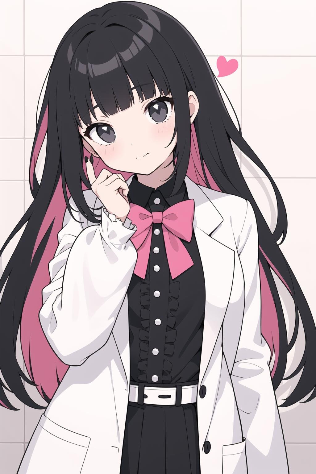 1girl, solo, long hair, black hair, bangs, looking at viewer, black eyes, frills, blunt bangs, long sleeves, frilled shirt, bow, skirt, frilled sleeves, black skirt, belt, shirt, multicolored hair, head tilt, black bow, heart, tile wall, pink nails, bowtie, closed mouth, upper body, cross-laced clothes, labcoat, black shirt, fingernails, white coat, nail polish, jirai kei